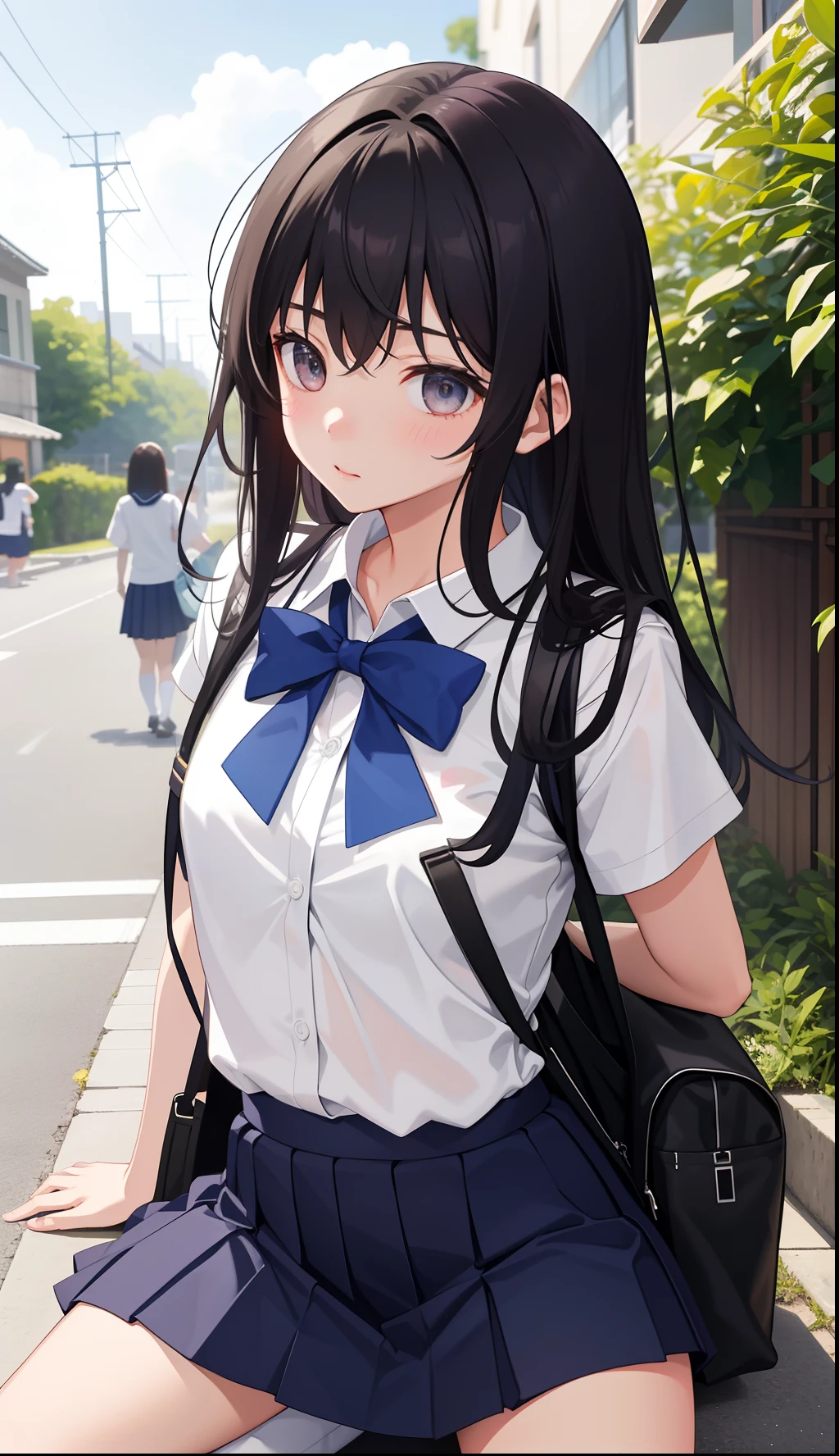 (HD, High Definition, 4k)(full body) (detailed eyes)(is in profile) A 15-year-old student with long black hair that falls gently down her back, complemented by his bright blue eyes. His athletic figure reflects his dedication to the sport. He wears an impeccable school uniform: a well-ironed white shirt and a blue skirt that falls just above her knees. His expression is determined and focused as he holds a backpack over one shoulder., walking through the school hallways with confidence. The wind moves his hair slightly as he goes, highlighting their presence in the school environment.