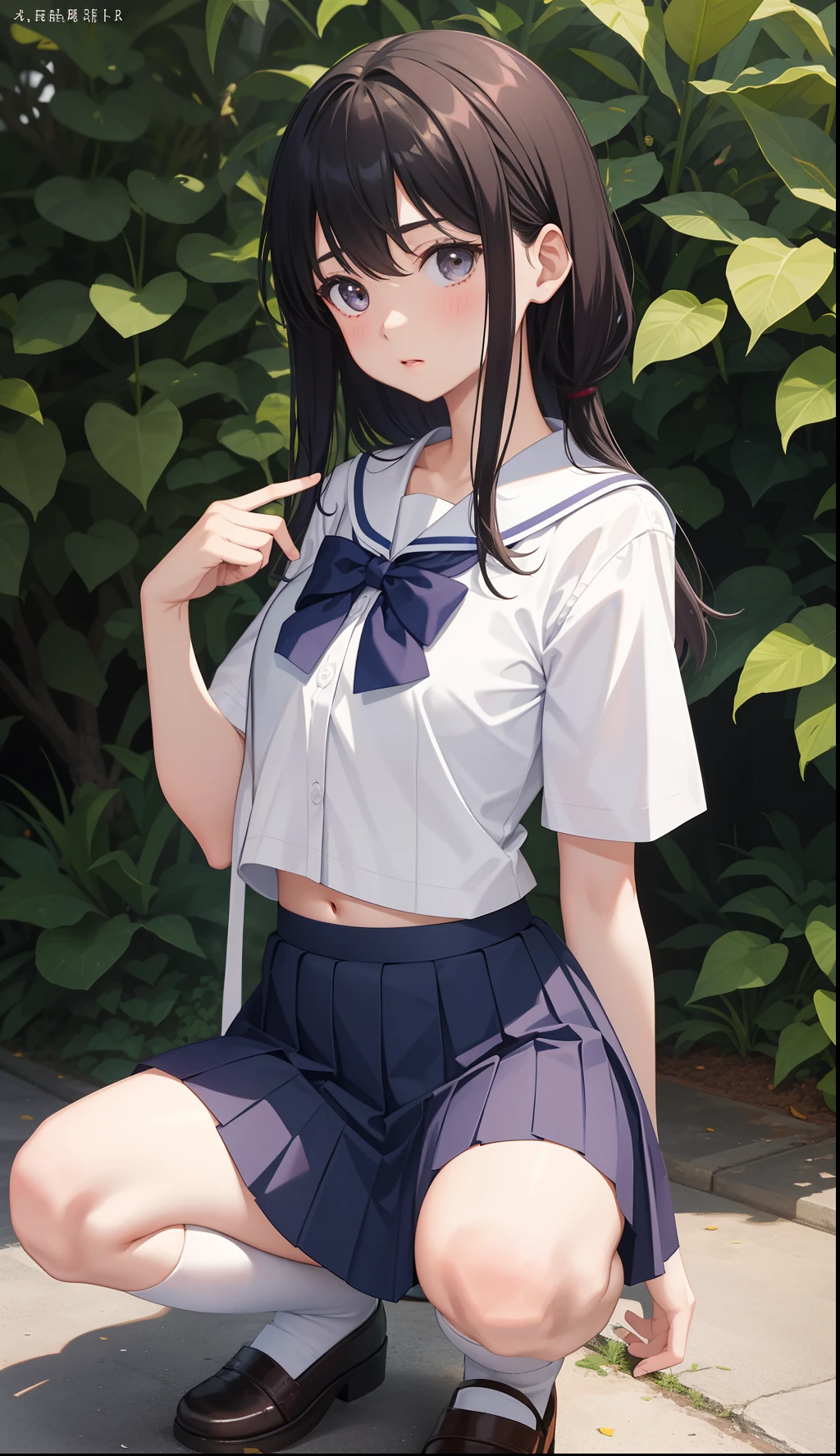 1girl in、AS-Adult、The shirt、skirt by the、（small tits）Chilarism、Japan High School Student Uniform、serafuku、summer clothing、（Sheer Bra）、Upper body portrait、the wind、Squatting panchira、