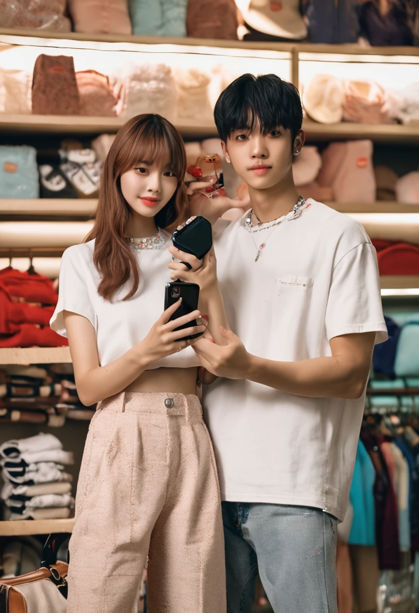 they are posing for a picture in a clothing store with a cell phone, couple pose, lovely couple, couple, ๐คฌ ๐คฎ ๐ ๐, ulzzang, ๐ญ ๐คฎ ๐ ๐, with her long, ๐๐๐พ, happy couple, in love selfie, sakimichan, lalisa manobal, ๐ฟ๐๐
