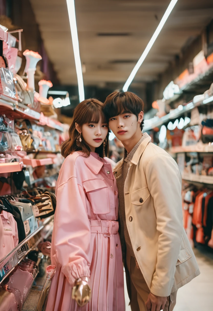 Walking on city streets, a man and a woman, bandeau dress, wearing long gorgeous clothes, wearing pink flower long dress, cute couple, shopping, in the city