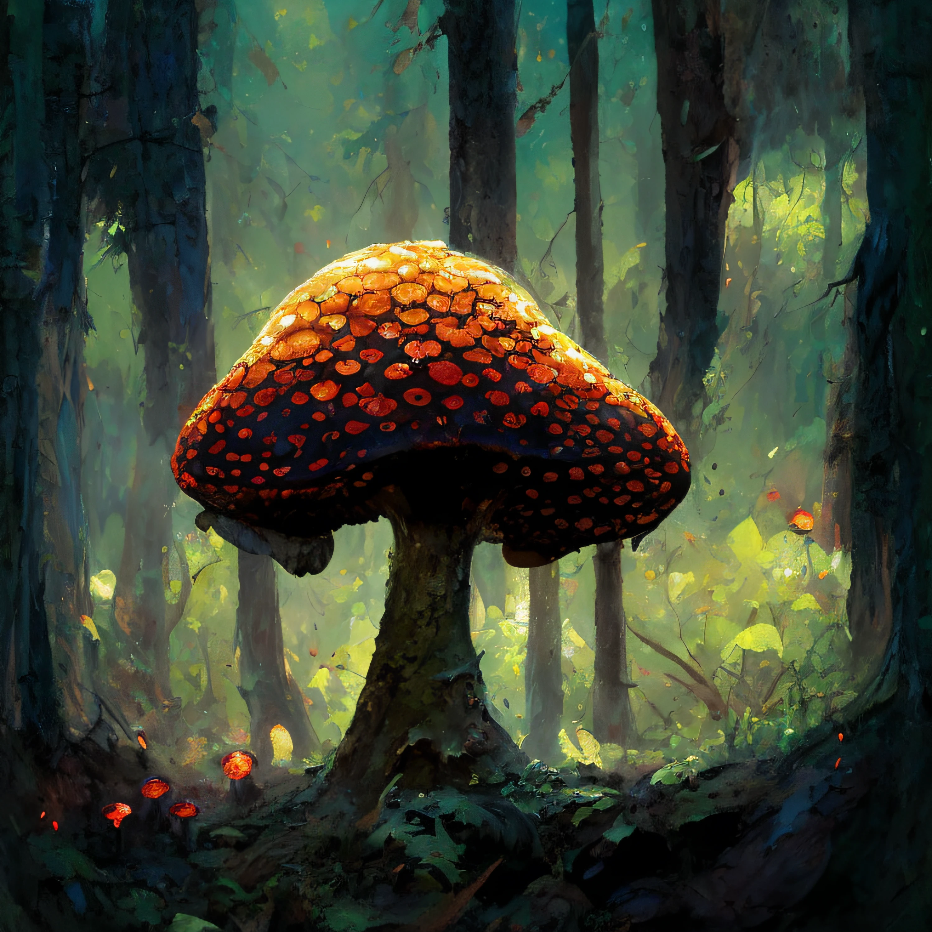 there is a painting of a mushroom in the woods, dark mushroom, mushroom, glowing fungus, magic mushroom, glowing mushrooms, mushroom forest, forest made out of mushroom, glowing red mushrooms, mushroom cap, fluorescent mushrooms, fungal god, fantasy artrealistic painting, craig mullins dappled lighting, highly detailed digital painting, concept art oil painting, magic mushrooms