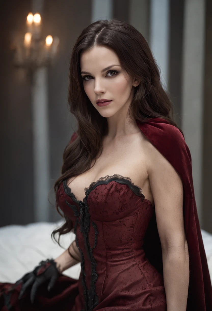 Selene, Kate Beckinsale, nude at the bed, on all fours showing her ass, underworld, pubic hair, perfect eyes, beautiful face, vampire cape, dark hair, pantyhouse, gloves, vampire teeth, blood