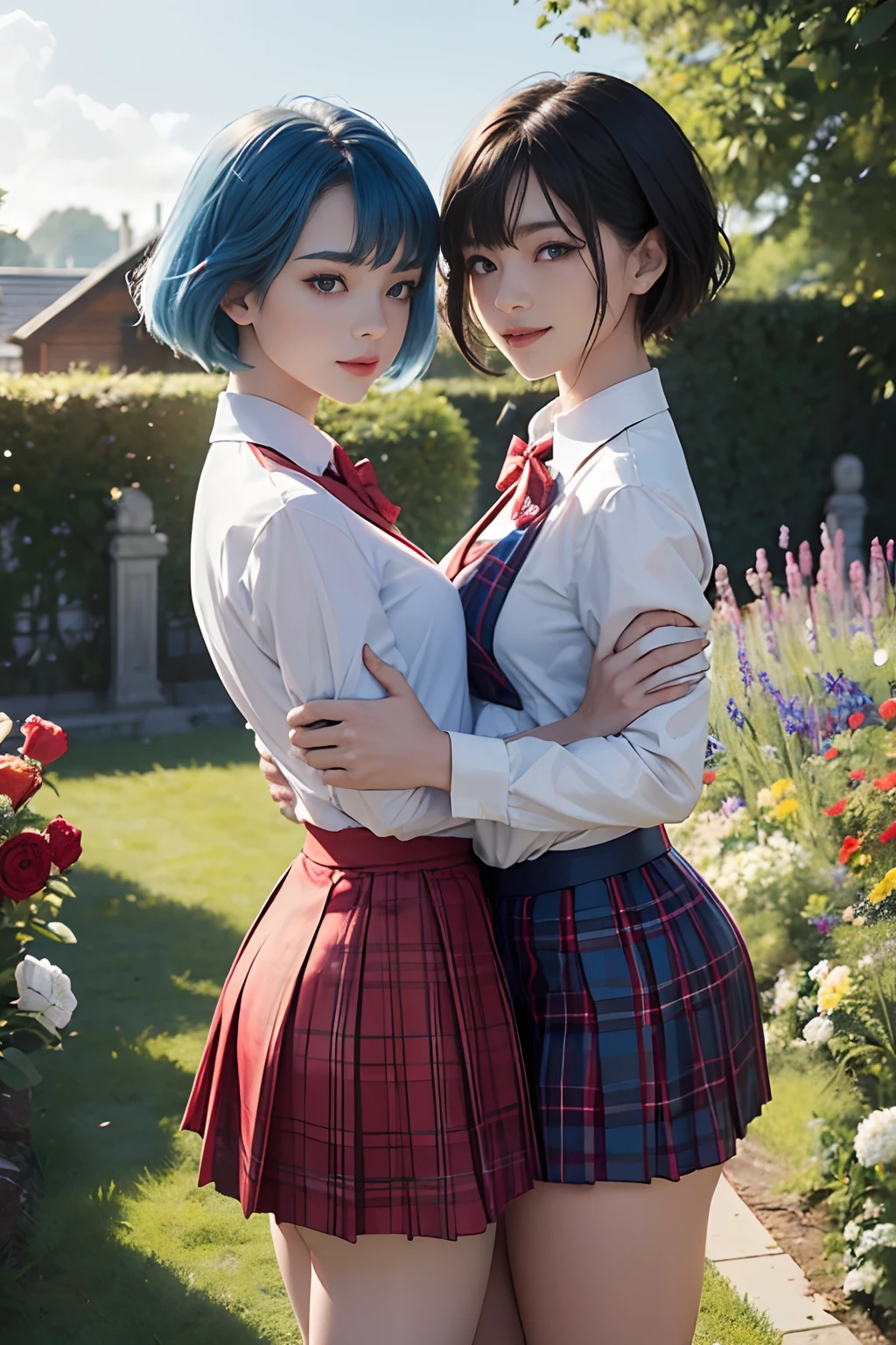 ((Two girls,duo,face focus,stroking))"Beautiful female characters in anime style、Short blue hair、eBlue eyes、A smile、blazers、white shirt、red bowtie、red plaid skirt、Figures in black stockings、Bouquet in hand、Scene of dancing in a summer garden。With high-quality depictions and the highest quality、emphasizing thighs、In the bright sun、The whole body glows、Paint a gorgeous picture。"