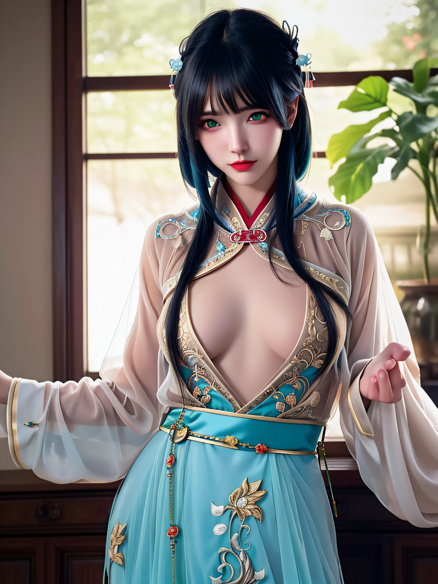 (hyperrealistic), (illustration), (high resolution), (8K), (extremely detailed), (best illustration), (beautiful detailed eyes), (best quality), (ultra-detailed), (masterpiece), (wallpaper), (photorealistic), (natural light), (rim lighting), (detailed face), (high detailed realistic skin texture), (anatomically correct), (solo), (1 girl), (high detailed realistic hair), (blue hair:1.2), spike hair, (heterochromic eyes), (detailed green eyes), (small moles under the eyes), (realistic big breasts:1.5), (exposed breasts:1.3), (long legs), (slender abs), (dynamic pose), (closed mouth:1.3), (traditional hanfu clothes), (sheer clothes:1.5), nsfw,