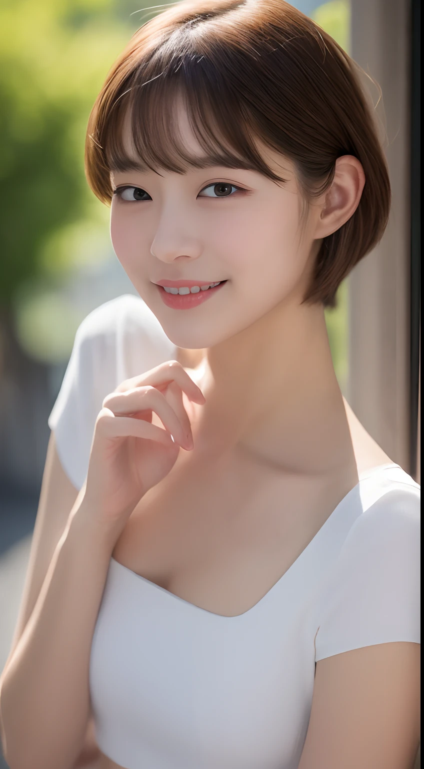 ((Beauty like a model)), masterpiece, The highest image quality, ultra-detailliert, ((Perfect face+Brown hair)), Close up of, Short bob hair,Wolfcut,Viewer's Perspective, detailed hairs、Detailed eyes(realisticeyes),profetional lighting,middlebreasts,(Brown eyes),(slenderbody:1.3),adult lady,About 28 years old,glamor,kindly smile,Half Girl,Lashes,二重まぶた ,((7-minute sleeve shirt)) ,Beautiful face,thin arm,a necklace,