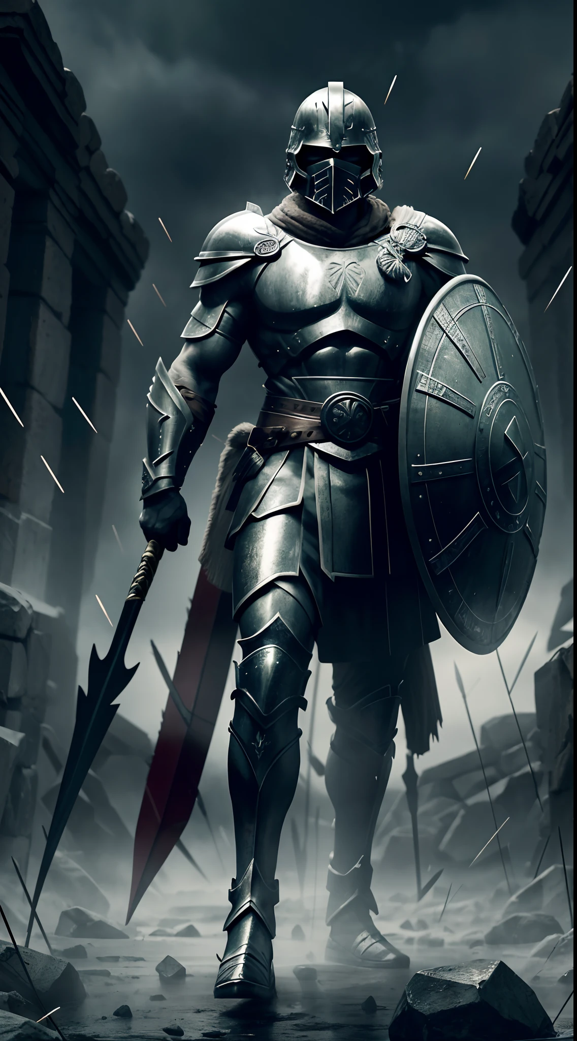 Create a dynamic visual of a Spartan warrior with a shield bearing the iconic lambda symbol, standing in a hail of arrows that cast dark shadows, capturing the essence of their unyielding spirit and legendary courage.