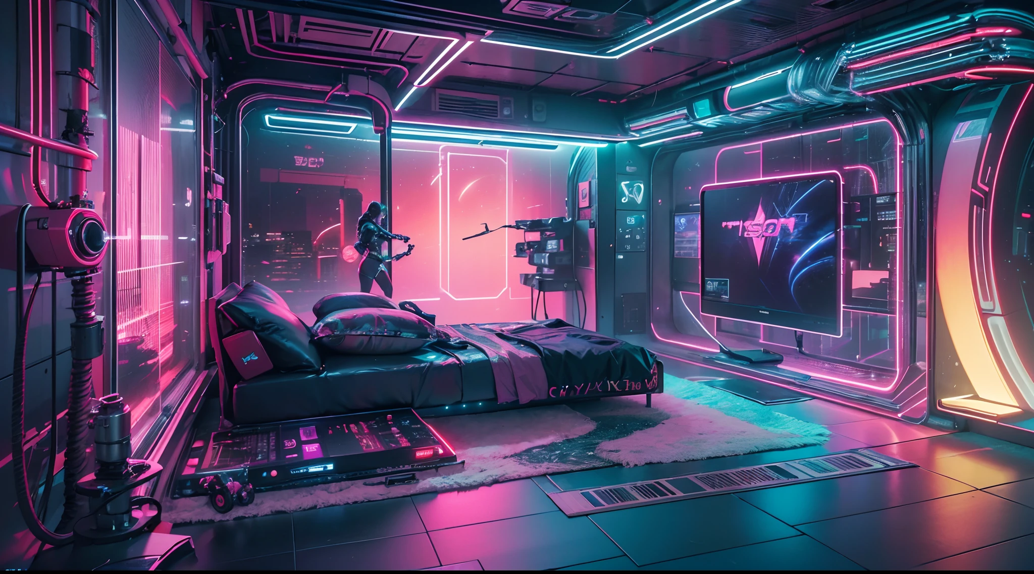 Best image quality, Masterpiece, Ultra-high resolution, (Fidelity:1.4), Photo, Movie, ((cyber punk perssonage)), cyber outfit, Futuristic, ((Award-winning ultra-realistic photos)),(Hyper-detailing),(Complicated details),(High resolution CGI artwork 8k),Futuristic cyberpunk living room/Bedrooms/kitchens/terrazzo,Detailed cyberpunk cityscape。Futuristic style,There are many colors and LED lights。The cityscape should be very detailed,depth of fields。Create depth with atmospheric lighting,Wide-angle lens showing rooms and windows。Use atmospheric and volumetric lighting to enhance cityscape detail。The room should be illuminated by the neon lights of the cityscape, Pastel textured colored background, Colourful, vibrant