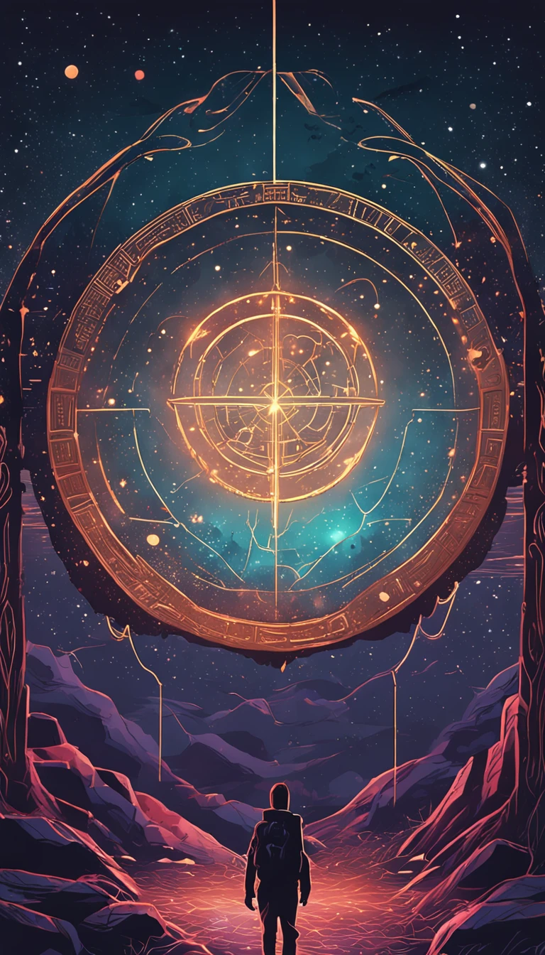 A stone tablet floating in the starry sky,It is engraved with mysterious words,There is a spaceship suspended next to it,There are no characters in the picture,There is no ground either。
