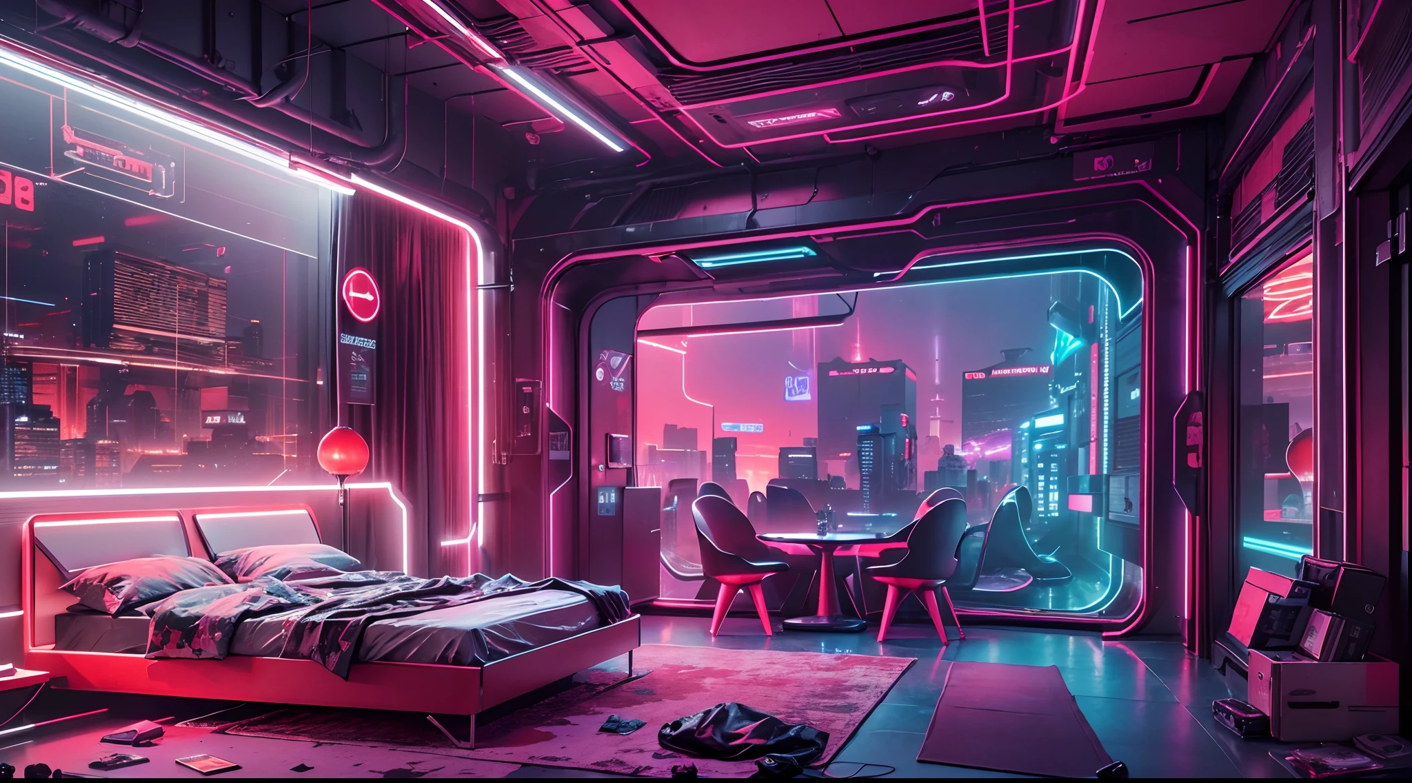Best image quality, Masterpiece, Ultra-high resolution, (Fidelity:1.4), ((cyber punk perssonage)), cyber outfit, Futuristic, ((Award-winning ultra-realistic photos)),(Hyper-detailing),(Complicated details),(High resolution CGI artwork 8k),liveroom/Bedrooms/kitchens/terrazzo,Detailed cyberpunk cityscape。There are many colors and LED lights。The cityscape should be very detailed,depth of fields。Create depth with atmospheric lighting,Wide-angle lens showing rooms and windows。Use atmospheric and volumetric lighting to enhance cityscape detail。The room should be illuminated by the neon lights of the cityscape, Pastel textured colored background, Colourful, vibrant