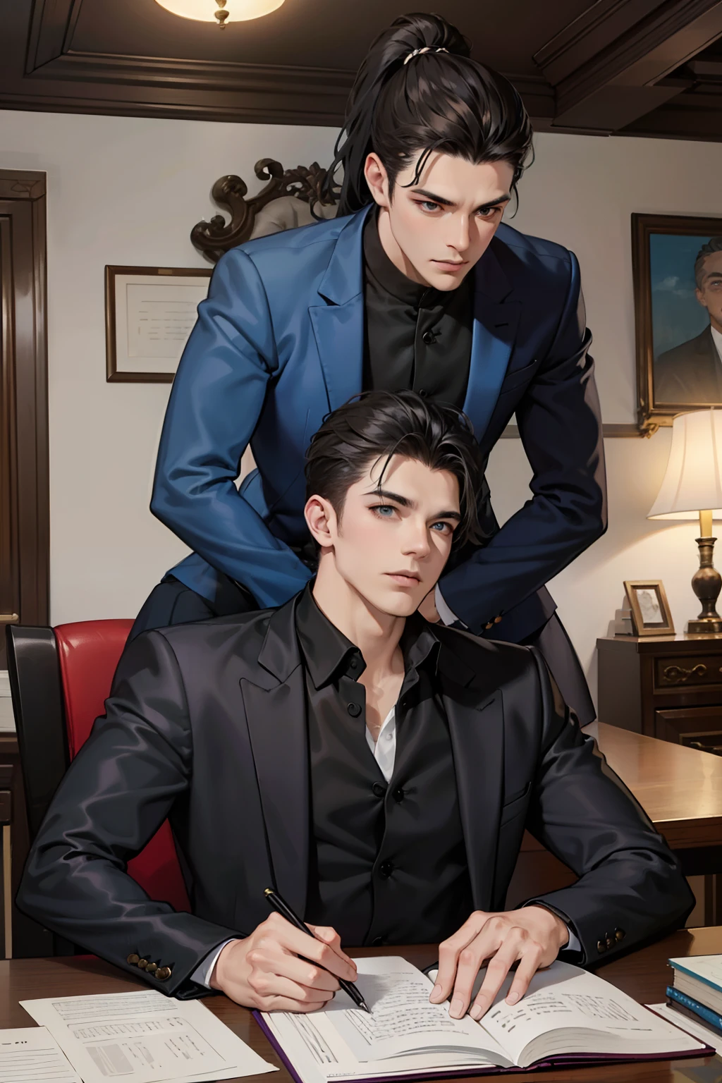 Arte estilo novel,1 homem,cabelos curtos negros,olhos escuros,manly,usando terno escuro,Beautiful and attractive accompanied by two beautiful secretaries from his office