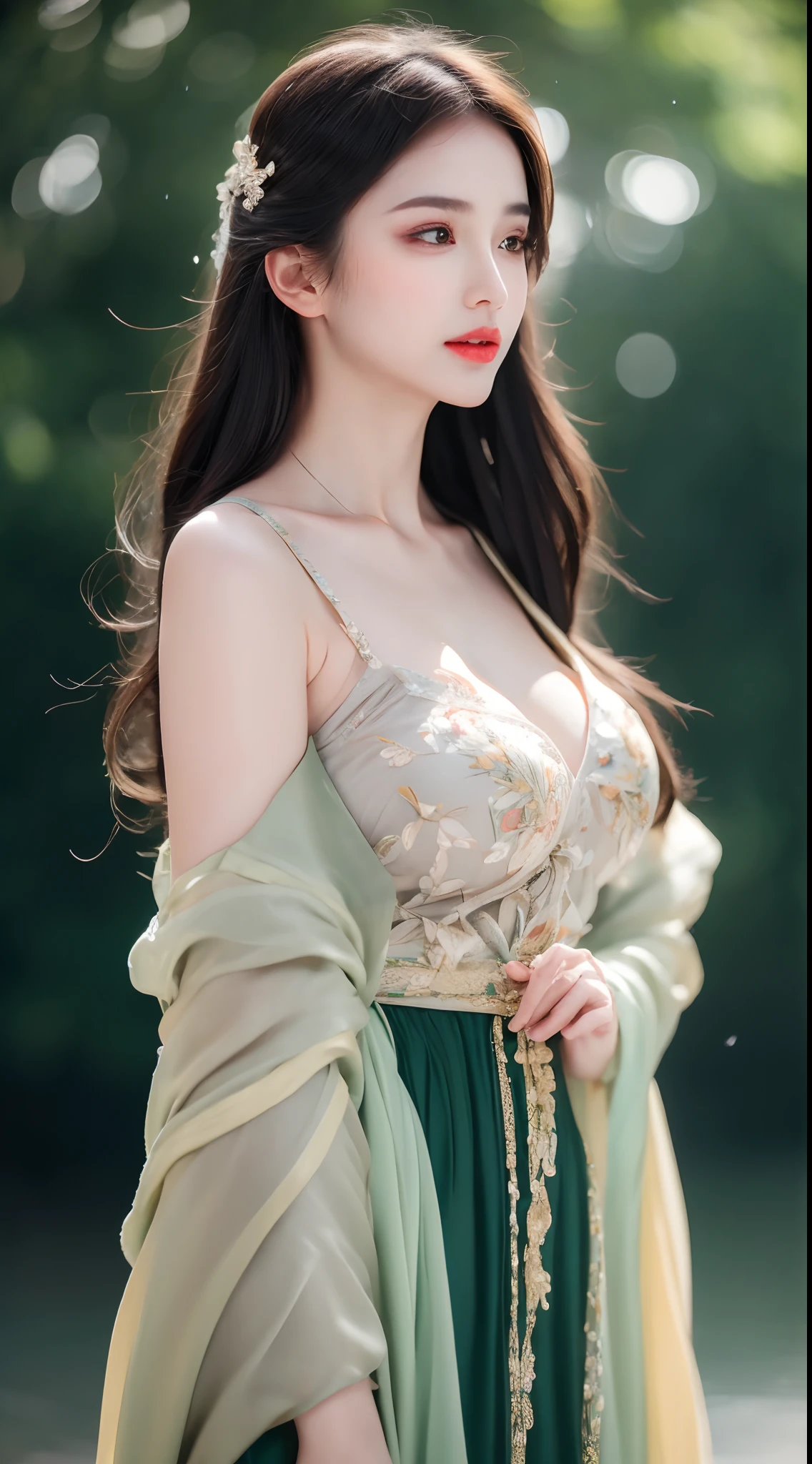 ((Best Quality, 8k, Masterpiece: 1.3)), Focus: 1.2, Perfect Body Beauty: 1.4, Buttocks: 1.2, ((Layered Haircut)), (Wet Clothes: 1.1), (Rain, Street:1.3), (Breasts: 1.2), (Hanfu: 1.2), Bare Shoulders, Bare Legs, Highly Detailed Face and Skin Texture, Fine Eyes, Double Eyelids, Whitened Skin, Long Hair, (Shut Up: 1.5), (Bokeh Background: 1.5), Big Breasts