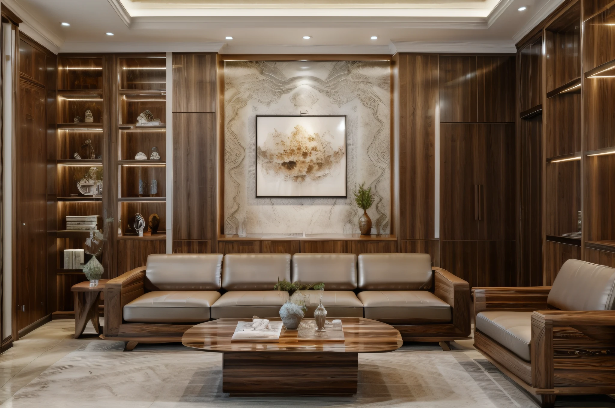 Modern , luxurious livingroom, Modern style interior, furniture made of walnut, masterpiece, surreal, 32k, extremely detailed CG unity 8k wallpaper, best quality