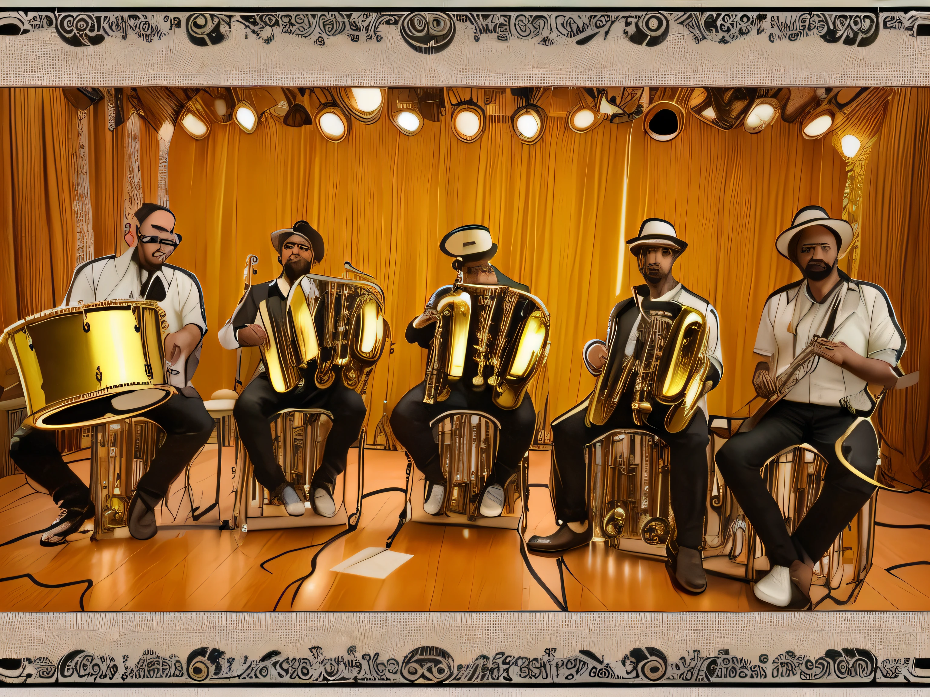 Grupo de homens sentados em banquinhos tocando instrumentos musicais, Miniatura do YouTube, sousaphones reais, 🌻🎹🎼, "O gigachadinho supremo, folclore, VTM, sousaphones, album, Vaudevillian, videoclipe