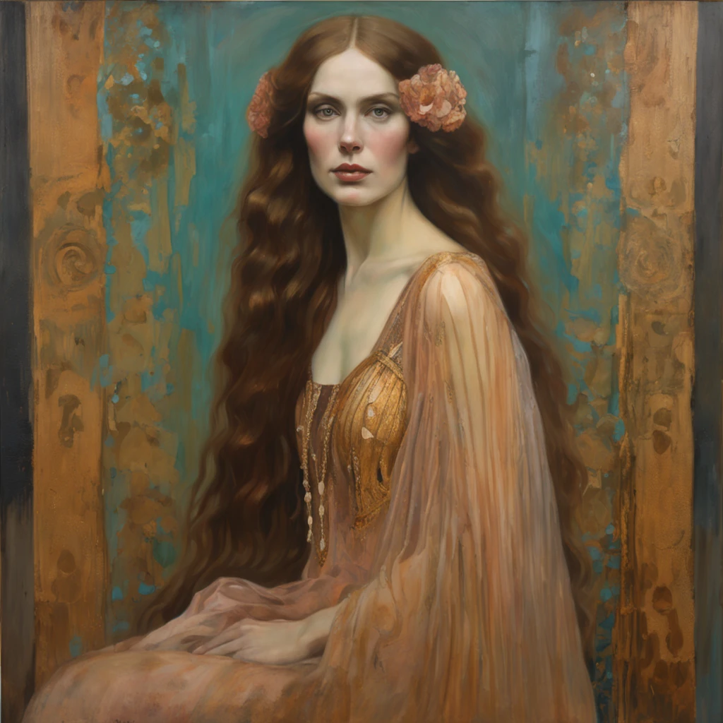 painting of a woman with a long hair and a black dress, mucha klimt and tom bagshaw, albert lynch, inspired by Gaetano Previati, gustav klimt 4 k, gustav klimt 4k, gustav klimt style, pre - raphaelite beautiful, hyperrealistic art nouveau, pre-raphaelite oil painting