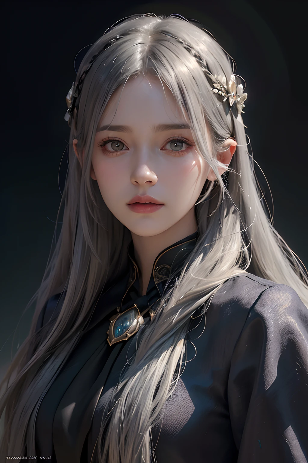 Surrealist female portraits by David Hockney and Alphonse Mucha, fantasy art, photorealism, dynamic lighting, artstation, poster, volumetric lighting, very detailed faces, 4k, award-winning, 1girl, in the dark, deep shadows, understated, (formalwear: 1.4), long hair, gray hair,