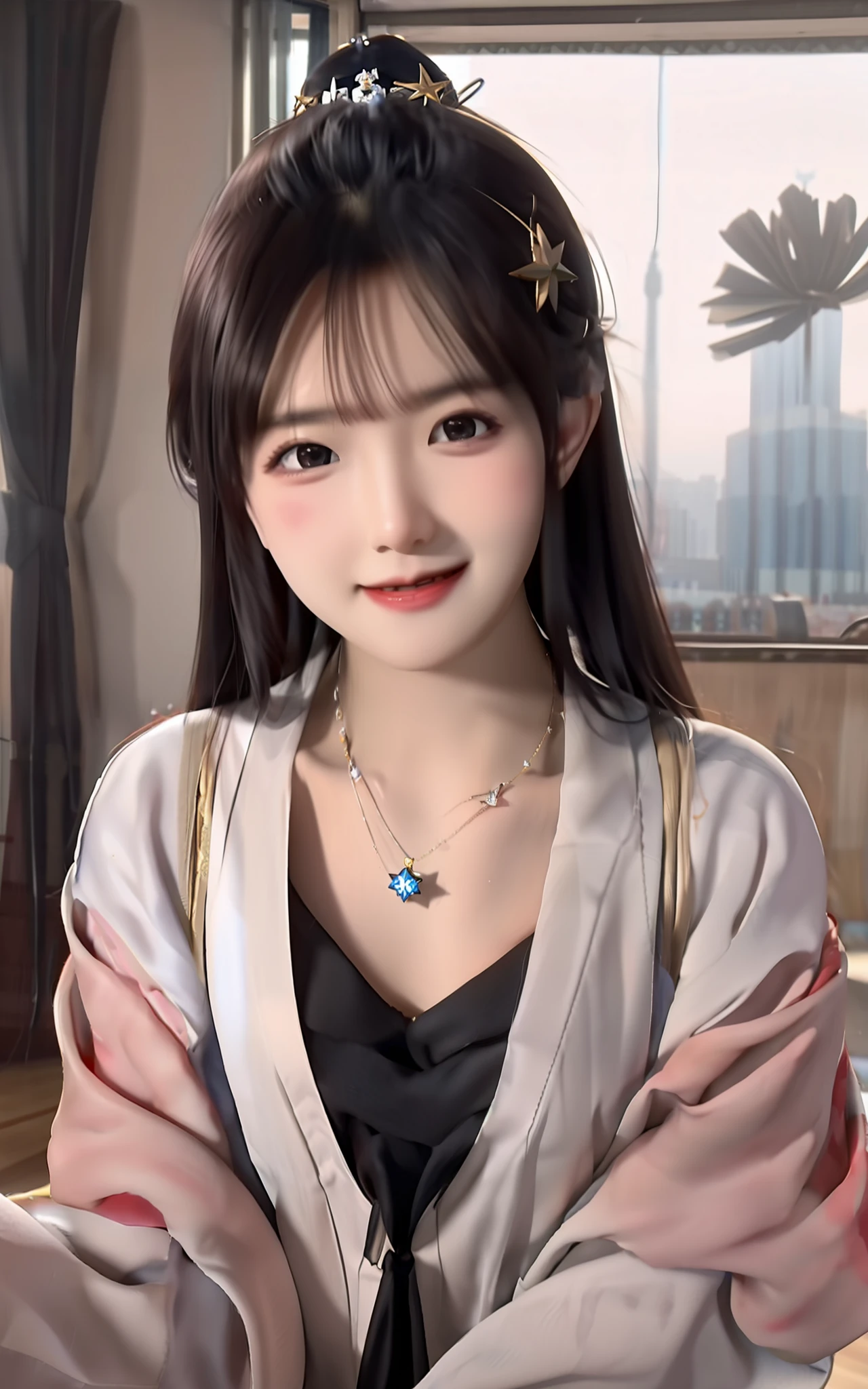 best quality, masterpiece, highres, 1girl,blush,(seductive smile:0.8),star-shaped pupils,china hanfu,hair ornament,necklace, jewelry,Beautiful face,upon_body, tyndall effect,photorealistic, dark studio, rim lighting, two tone lighting,(high detailed skin:1.2), 8k uhd, dslr, soft lighting, high quality, volumetric lighting, candid, Photograph, high resolution, 4k, 8k, Bokeh