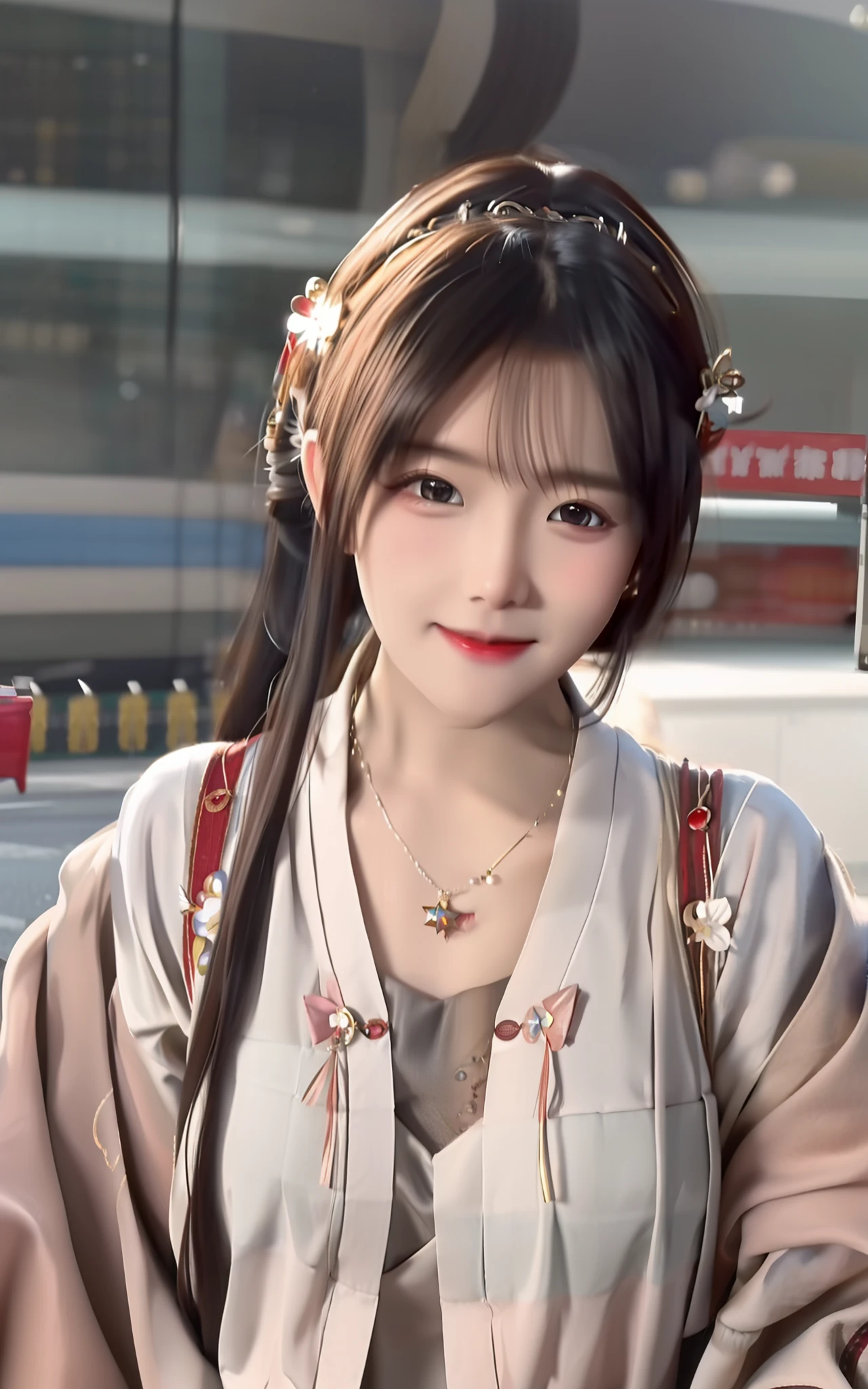 best quality, masterpiece, highres, 1girl,blush,(seductive smile:0.8),star-shaped pupils,china hanfu,hair ornament,necklace, jewelry,Beautiful face,upon_body, tyndall effect,photorealistic, dark studio, rim lighting, two tone lighting,(high detailed skin:1.2), 8k uhd, dslr, soft lighting, high quality, volumetric lighting, candid, Photograph, high resolution, 4k, 8k, Bokeh