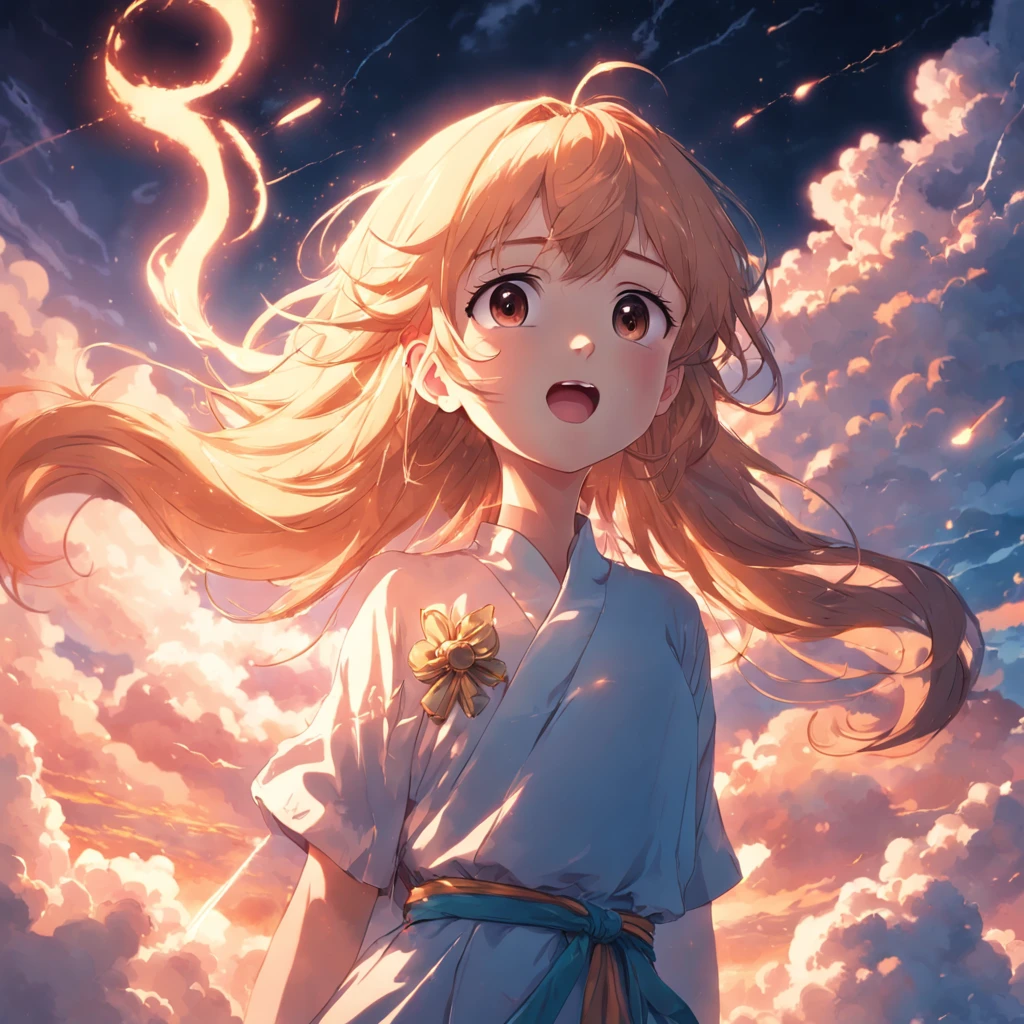 masterpiece, best quality, movie still, 1girl, cloud girl, floating in the sky, close-up, bright, happy, warm soft lighting, sunset, (sparks:0.7)