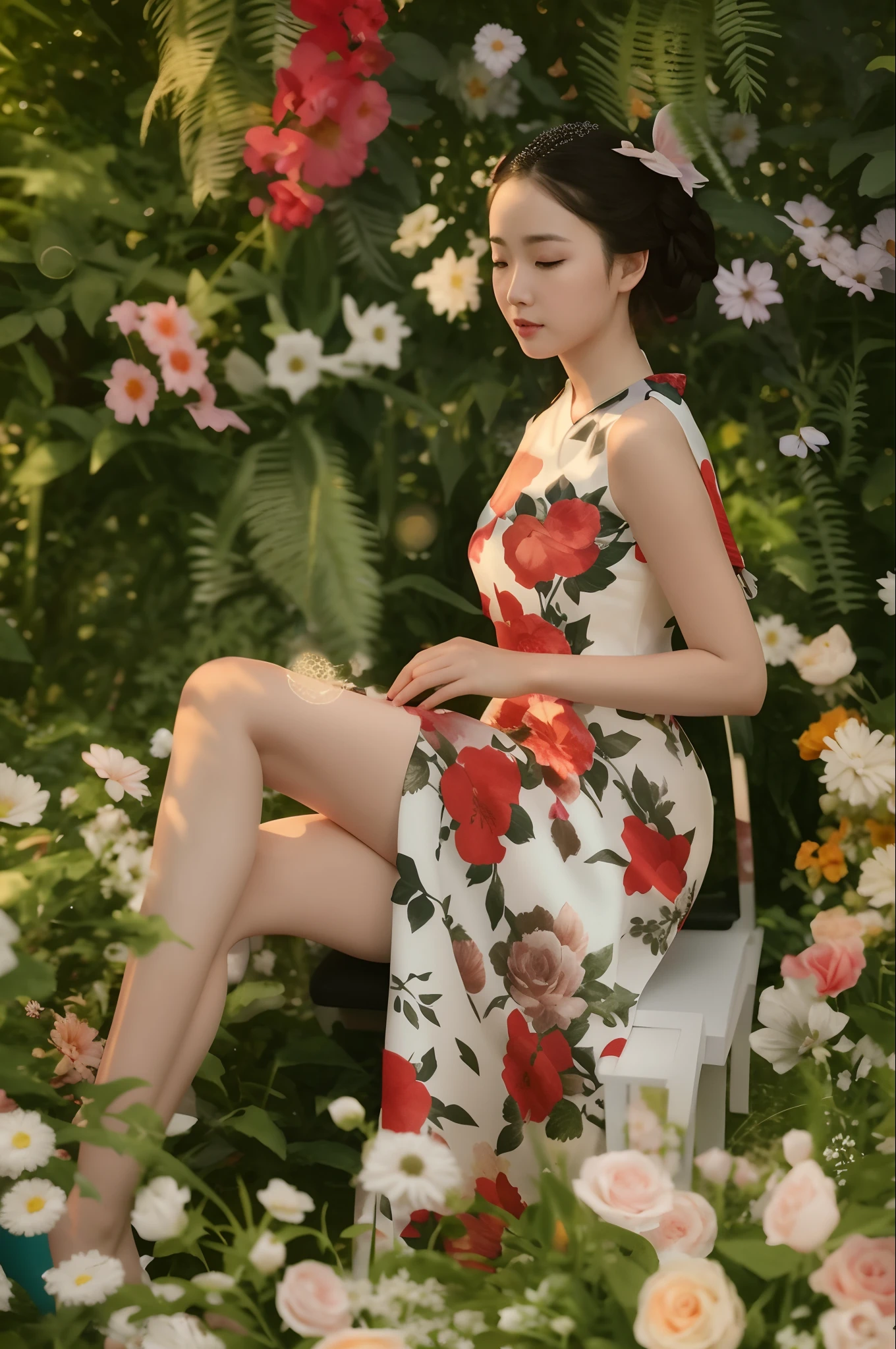 beautiful 25 year old woman, she is lying down, dressed in a colorful Qipao dress, and long skirt, with a big body, very thick and toned legs, and a big ass. and in the background a garden full of red roses and beautiful butterflies flying.