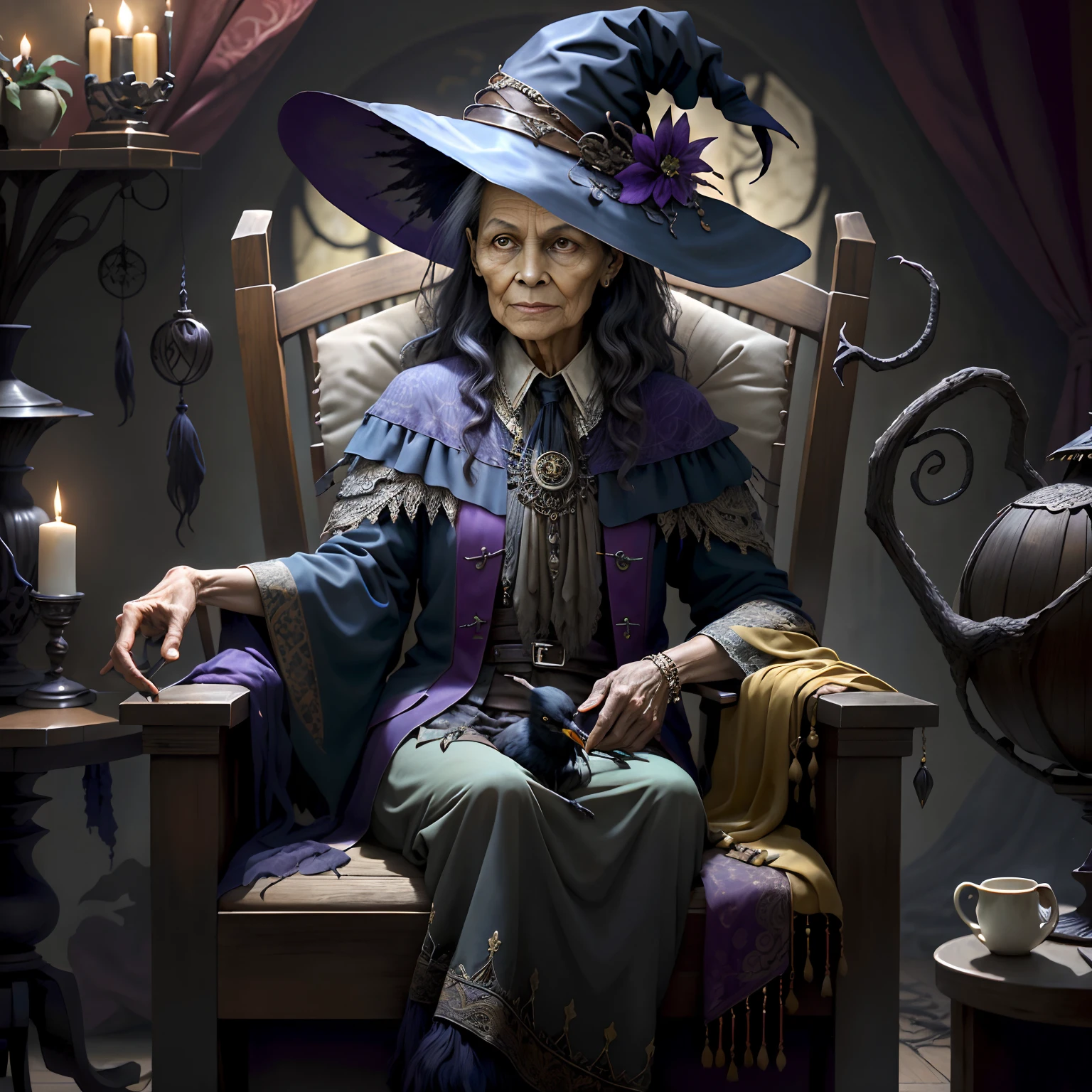 An old witch sits in a Kadilau chair in the background,She was holding a Soniste crow,darkly,magia,mito