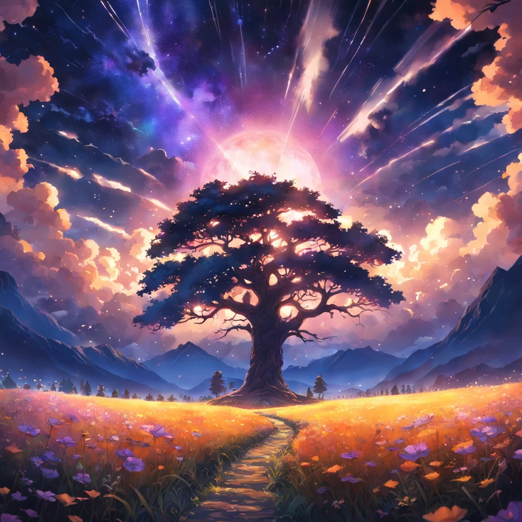 expansive landscape photograph , (a view from below that shows sky above and open field below), flower field, (full moon:1.2), ( shooting stars:0.9), (nebula:1.3), distant mountain, tree BREAK production art, (warm light source:1.2), (Firefly:1.2), lamp, lot of purple and orange, intricate details, volumetric lighting, realism BREAK (masterpiece:1.2), (best quality), 4k, ultra-detailed, (dynamic composition:1.4), highly detailed, colorful details,( iridescent colors:1.2), (glowing lighting, atmospheric lighting), dreamy, magical, (solo:1.2)