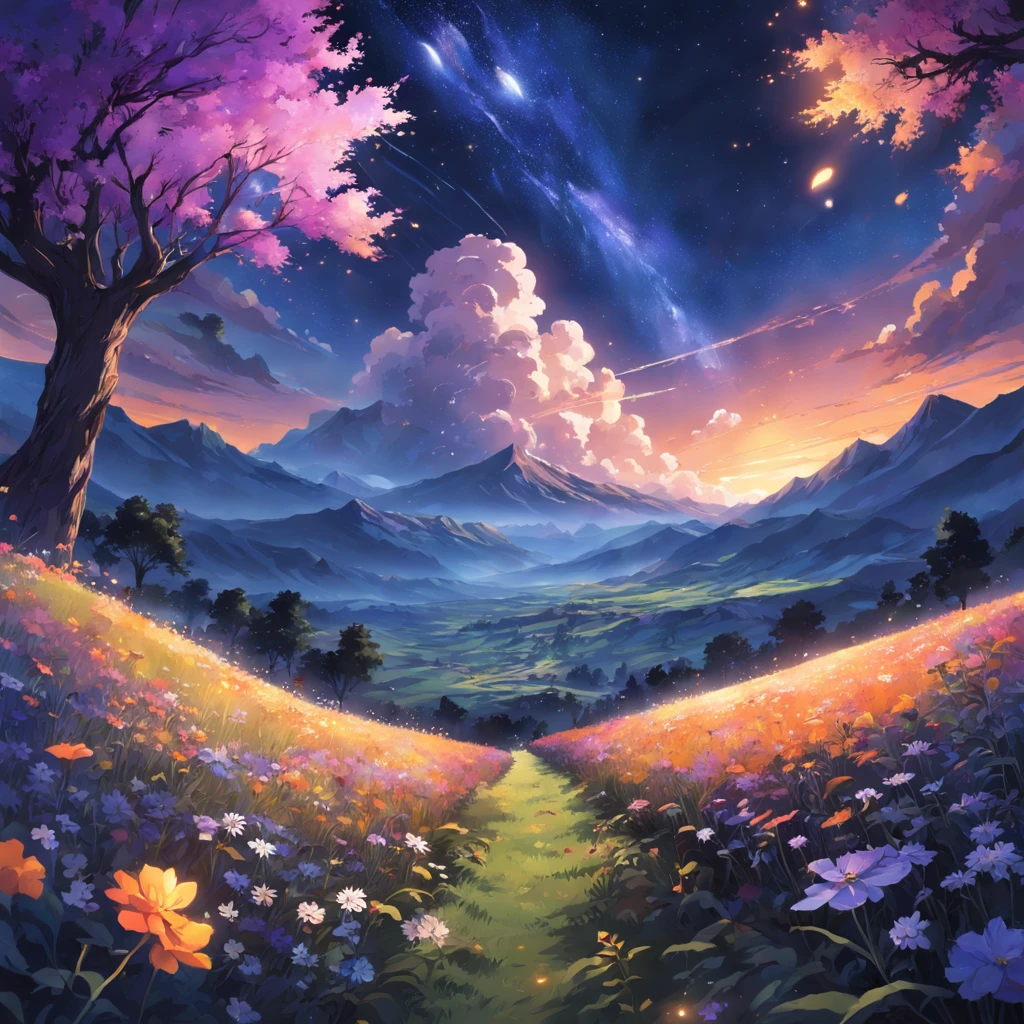 expansive landscape photograph , (a view from below that shows sky above and open field below), flower field, (full moon:1.2), ( shooting stars:0.9), (nebula:1.3), distant mountain, tree BREAK production art, (warm light source:1.2), (Firefly:1.2), lamp, lot of purple and orange, intricate details, volumetric lighting, realism BREAK (masterpiece:1.2), (best quality), 4k, ultra-detailed, (dynamic composition:1.4), highly detailed, colorful details,( iridescent colors:1.2), (glowing lighting, atmospheric lighting), dreamy, magical, (solo:1.2)
