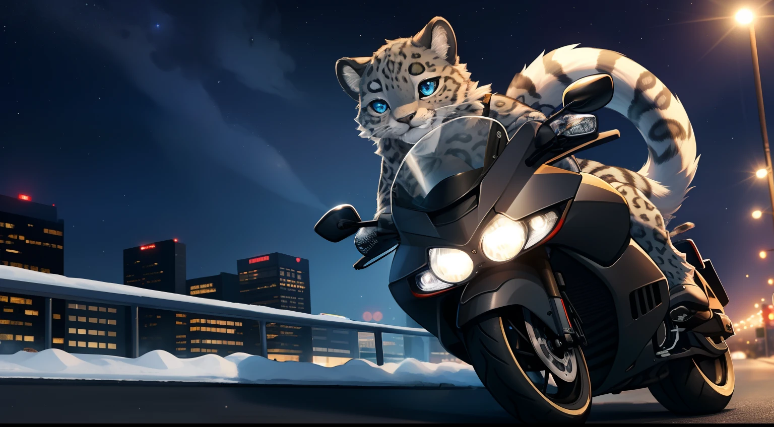 Furry mascot,Lovely image,Gray snow leopard,Black motorcycle,Cute little animals,Long fluffy tail,On the city highway,full of lights,Cubs,is in night,nigh sky, stars,Close-up of cute characters