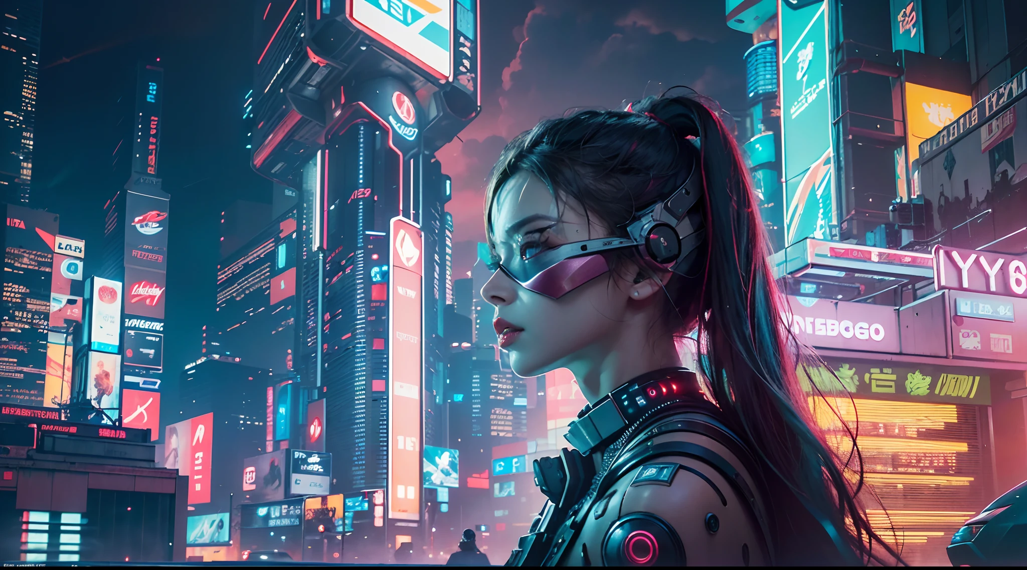 Best image quality, Masterpiece, Ultra-high resolution, (Fidelity:1.4), Photo, Movie, ((cyber punk perssonage)), cyber outfit, Futuristic, ((Award-winning ultra-realistic photos)),(Hyper-detailing),(Complicated details),(High resolution CGI artwork 8k),a girl in,Futuristic cyberpunk living room/Bedrooms/kitchens/terrazzo,Detailed cyberpunk cityscape。Futuristic style,There are many colors and LED lights。The cityscape should be very detailed,depth of fields。Create depth with atmospheric lighting,Wide-angle lens showing rooms and windows。Use atmospheric and volumetric lighting to enhance cityscape detail。The room should be illuminated by the neon lights of the cityscape, Pastel textured colored background, Colourful, vibrant