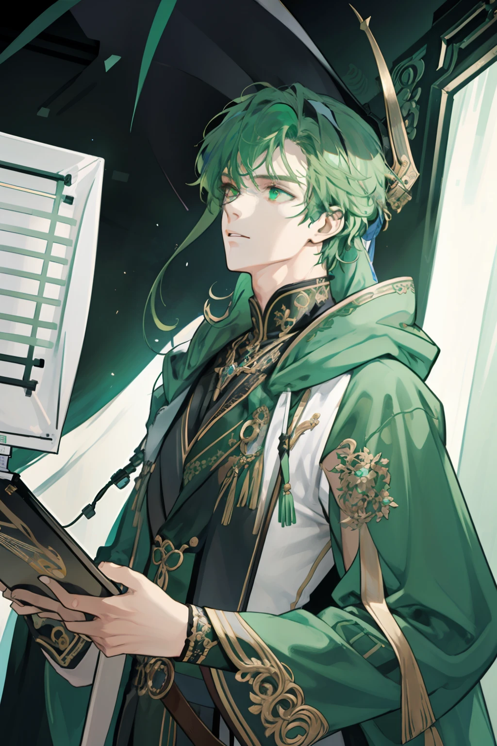 masterpiece, best quality, 1 male, adult, handsome, tall muscular guy, broad shoulders, finely detailed eyes and detailed face, extremely detailed CG unity 8k wallpaper, intricate details, green hair, oversized hood, Musician, Musical attire, Recording studio, Composing music, Performing live, Collaborating with other musicians, depth of field