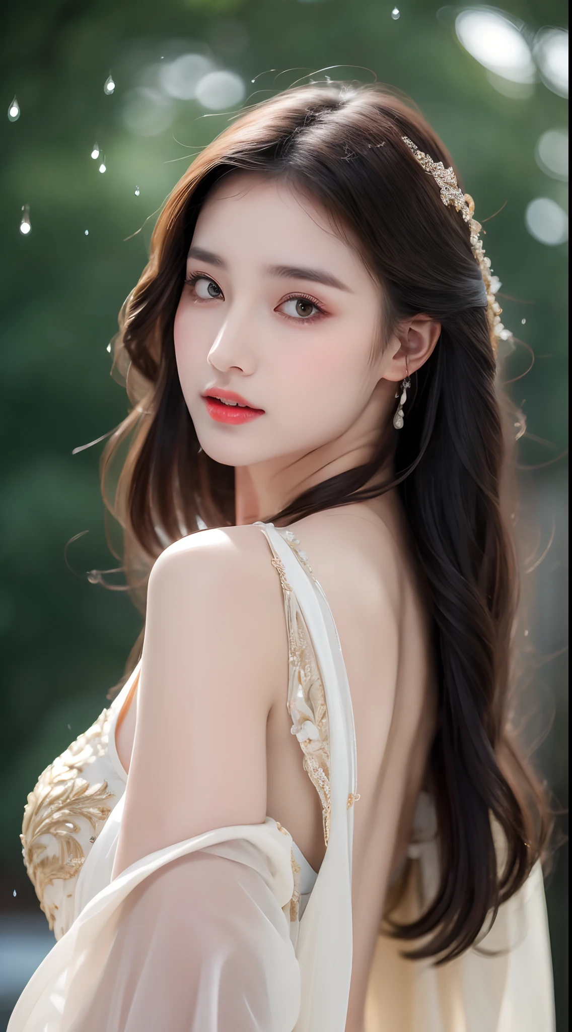 ((Best Quality, 8k, Masterpiece: 1.3)), Focus: 1.2, Perfect Body Beauty: 1.4, Buttocks: 1.2, ((Layered Haircut)), (Wet Clothes: 1.1), (Rain, Street:1.3), (Breasts: 1.2), (Hanfu: 1.2), Bare Shoulders, Bare Legs, Highly Detailed Face and Skin Texture, Fine Eyes, Double Eyelids, Whitened Skin, Long Hair, (Shut Up: 1.5), (Bokeh Background: 1.5), Big Breasts