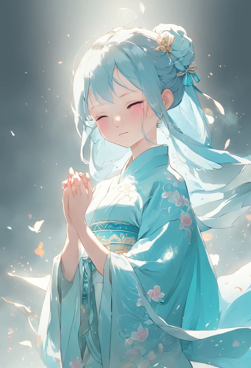 Ancient Chinese girl in light blue Hanfu smiling,Prayers are surrounded. Huge lotus flower, ,The median is transparent/Translucent pink lotus, soft, Glow,author:Yumei, Light, light blue and white, Simple white background, surrealist, , Super detail, Textured skin, 8K ,cheerfulness,Bright, Sunny, Warm and sunny,Veiled face,Many petals are falling, North and South Dynasties,Hanfu, Very simple wind, Line,Chibi anime style,Hand detail,