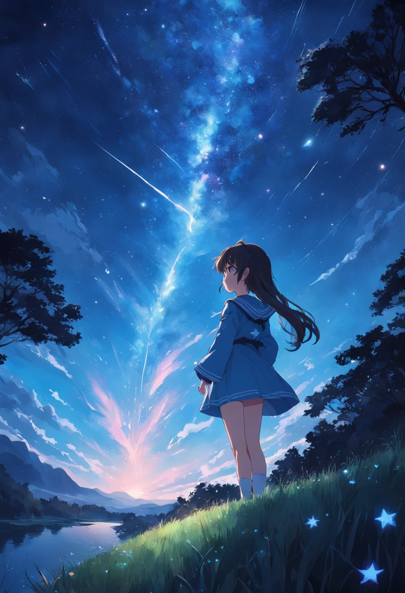 Beautiful starry sky,There were a few meteors crossing by,A girl in a light blue sailor suit sits on the grass,Stretch start,A lantern was placed next to it,Purple pupils,adolable
