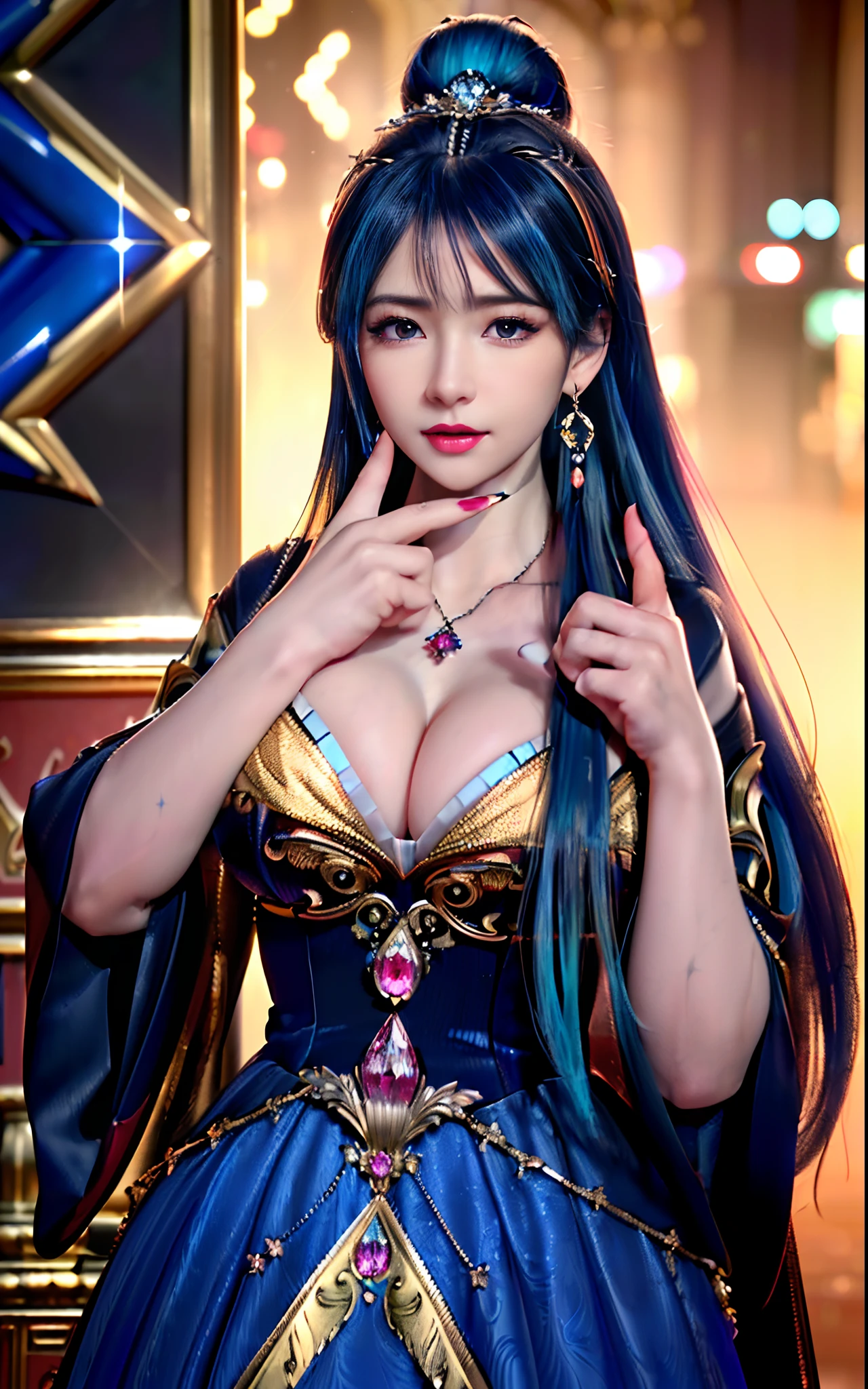 ((realisticity: 1.2)), ((realistic: 8K UHD)), ((best resolution: 8K UHD)), hyper detailed, best quality,masterpiece,highres,cg, ((1 girl hyper detailed and hyper realistic) ) , ((beautiful queen, hyper realistic and hyper detailed)),((white skin, beautiful, smooth, youthful, hyper realistic and hyper detailed )), ((Face hyper beautiful, white, hyper realistic and hyper detailed ) ), long hair, ((hyper realistic and hyper detailed dress)), solo, ((hyper realistic, hyper beautiful, beautiful and hyper detailed jewelry)), ((hyper beautiful deep red and golden yellow dress, hyper realistic and hyper detailed )) , ((Her pretty, hyper realistic, hyper detailed diamond filled earrings)), ((Her gorgeous diamond haircut, hyper realistic and hyper detailed)), ((hyper pretty upper body, hyper beautiful, hyper realistic and hyper detailed) ), ((medium breast: 1.1)), ((hyper realistic, hyper pretty, hyper detailed boobs)), ((the backgroun of the royal palace is hyper majestic, hyper realistic and hyper detailed)),((hands and palms hyper beautiful, hyper detailed, hyper realistic)), ((hyper detailed and hyper realistic fingers and fingernails)), ((hyper pretty fingernails, hyper vivid, hyper detailed, hyper realistic)), ((thumb, index finger, middle finger, ring finger, little finger hyper vivid, hyper pretty, hyper detailed, hyper realistic)), ((hyper beautiful fingers, hyper detailed, and hyper realistic)), ((posture not too fat and not too thin, hyper realistic, hyper detail)), ((hyper pretty, hyper pretty, hyper realistic and hyper detailed hair bun)), ((hyper pretty , hyper realistic and hyper detailed blue hair)), candid, Photo, high resolution, 8k , bokeh,