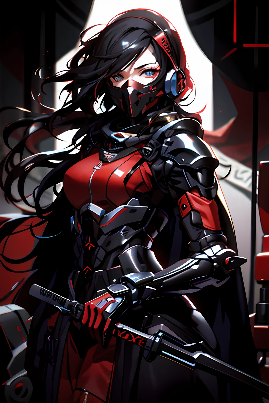 um close up de uma pessoa com uma espada em um quarto escuro, armadura preta e vermelha, cyberpunk menina anime mech, menina em mecha cyber armor, arte cyberpunk anime, menina de anime cyberpunk feminino, samurai cyberpunk muito bonito, ninja ciborgue, Senhora na armadura vermelha, armadura vermelha, armadura refletida preta e vermelha, assassino cyberpunk, arte digital do anime cyberpunk, Menina da armadura