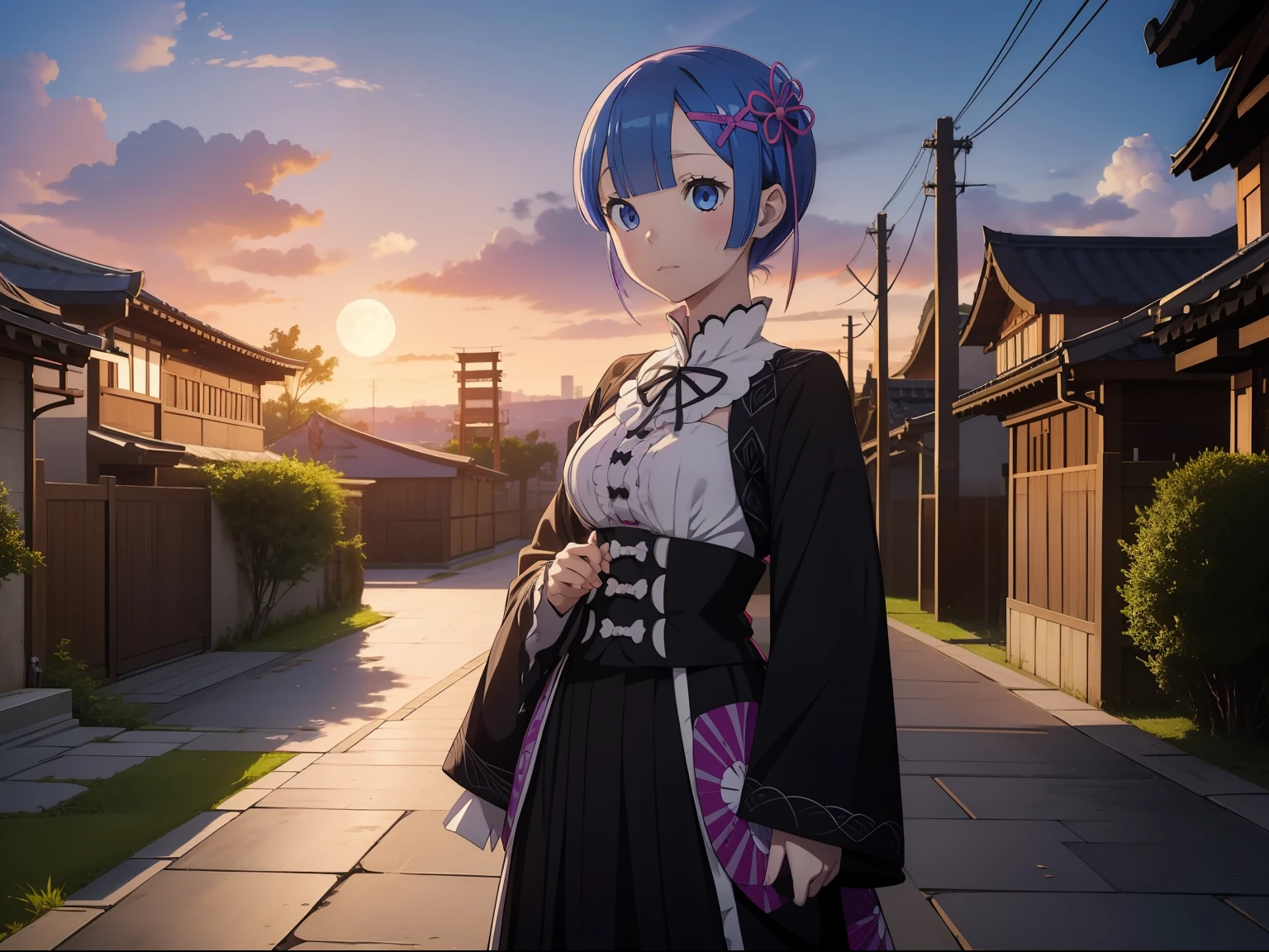 Kimetsu_no_Yaiba style, rem(Re:Zero), masterpiece、top-quality、1girl, moon, natta、full bodyesbian、is standing、Solitude、Twilight、Looking down、