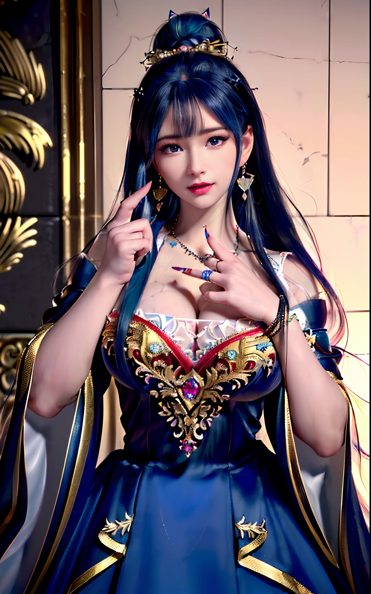 ((realisticity: 1.2)), ((realistic: 8K UHD)), ((best resolution: 8K UHD)), hyper detailed, best quality,masterpiece,highres,cg, ((1 girl hyper detailed and hyper realistic) ) , ((beautiful queen, hyper realistic and hyper detailed)),((white skin, beautiful, smooth, youthful, hyper realistic and hyper detailed )), ((Face hyper beautiful, white, hyper realistic and hyper detailed ) ), long hair, ((hyper realistic and hyper detailed dress)), solo, ((hyper realistic, hyper beautiful, beautiful and hyper detailed jewelry)), ((hyper beautiful deep red and golden yellow dress, hyper realistic and hyper detailed )) , ((Her pretty, hyper realistic, hyper detailed diamond filled earrings)), ((Her gorgeous diamond haircut, hyper realistic and hyper detailed)), ((hyper pretty upper body, hyper beautiful, hyper realistic and hyper detailed) ), ((medium breast: 1.1)), ((hyper realistic, hyper pretty, hyper detailed boobs)), ((the backgroun of the royal palace is hyper majestic, hyper realistic and hyper detailed)),((hands and palms hyper beautiful, hyper detailed, hyper realistic)), ((hyper detailed and hyper realistic fingers and fingernails)), ((hyper pretty fingernails, hyper vivid, hyper detailed, hyper realistic)), ((thumb, index finger, middle finger, ring finger, little finger hyper vivid, hyper pretty, hyper detailed, hyper realistic)), ((hyper beautiful fingers, hyper detailed, and hyper realistic)), ((posture not too fat and not too thin, hyper realistic, hyper detail)), ((hyper pretty, hyper pretty, hyper realistic and hyper detailed hair bun)), ((hyper pretty , hyper realistic and hyper detailed blue hair)), candid, Photo, high resolution, 8k , bokeh,
