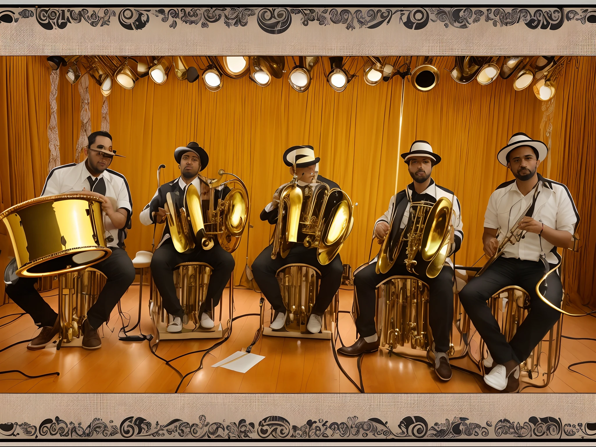 There are four men in hats and one playing the trombone, sousaphones reais, tuba, sousaphones, Vaudevillian, Banda Eloy, Bongos, bandaa tocando instrumentoos, album, Tuba Cavaleiro, Bongos reais, instrumento, sepia tone, version 3, Imagem promocional, muito ornamentado, banda, altamente ornamentado