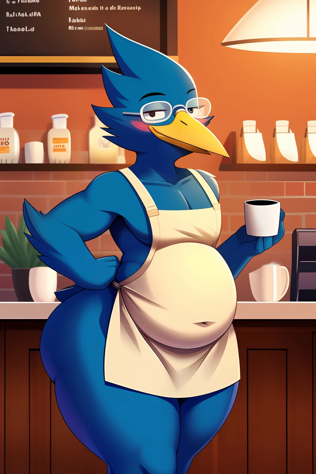 ((Berdly from Deltarune)), (avian, bird), 1boy, male, adorasexy, cute snug smiling bird face, looking at you, looking at viewer, blush, hands up, one side up, shaded face, solo, sweatdrop, lower body, thick thighs, blushing, glasses, blue body, blue feathers, feathery, blue skin, ((bedroom eyes)), seductive pose, apron, ass, barista, cafe, coffee cup, collarbone, cup, depth of field, disposable cup, dual wielding, green apron, holding, holding cup, holding marker, indoors, looking at viewer, marker, naked apron, sleeveless, smile, male chest, thick waist, wide hips, extremely large thighs, impossibly thick thighs, ass curve, Berdly from Deltarune, Berdly, hand on hip, hand on hips, thick male, black eyes, visible belly, chubby, belly, visible belly button, large belly, big belly, fat, obese, looking at you, smirk, weight gain, fupa, oversized belly, super fat