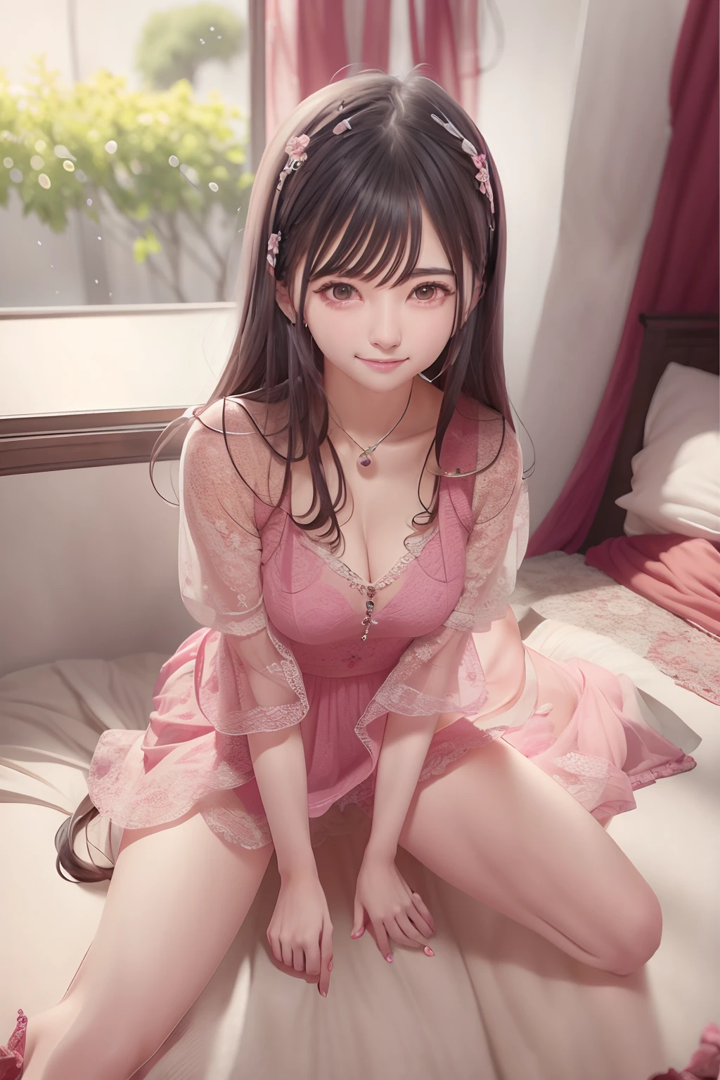 Arakfi Asian woman sitting on bed，Wearing a pink dress, very beautiful cute catgirl, loli in dress, pretty face with arms and legs, cute kawaii girls, cute cute, ultrarealistic sweet bunny girl, Realistic young gravure idol, beautiful alluring anime teen, Anime girl in real life, seductive anime girls, belle delphine