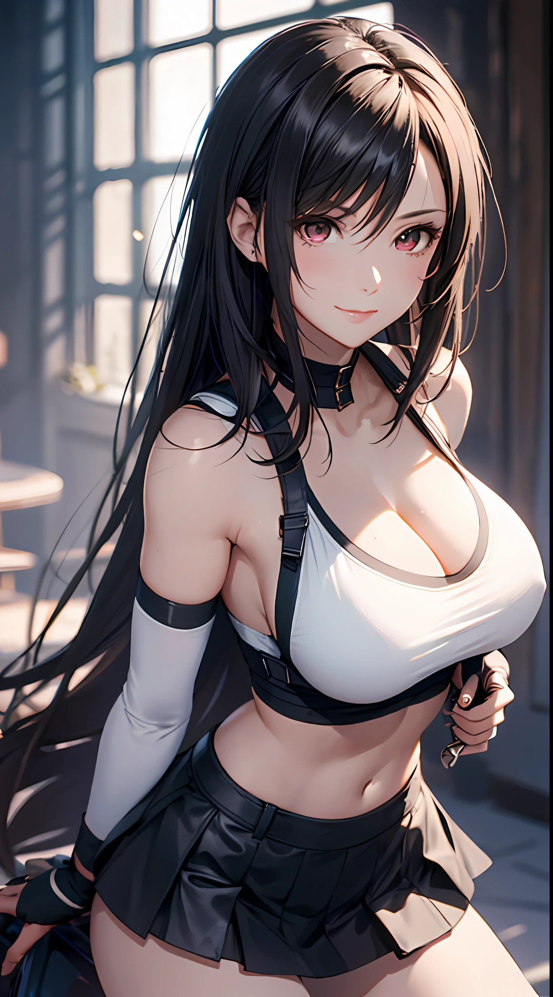 8k,tmasterpiece,bset quality,The large,(1个Giant Breast Girl),Tifa Lockhart,red_eyes,brunette color hair,long whitr hair,profesional lighting,(shiny skins:1.2),shiny big,((best qualtiy)),tack sharp focus:1.2,Highly Detailed Face and Skin Textur,Detailed eyes,s the perfect face,Perfect body,blur art,CG,Background with,20yo,Mature cool beautiful face,dressed in((Slip black skirt),black elbow gloves, white taut shirt,upper legs,Gilet blanc),Blushlush,Lively posture,(mittgal),Floating hair,Close-up above the chest,ssmile,cleavage