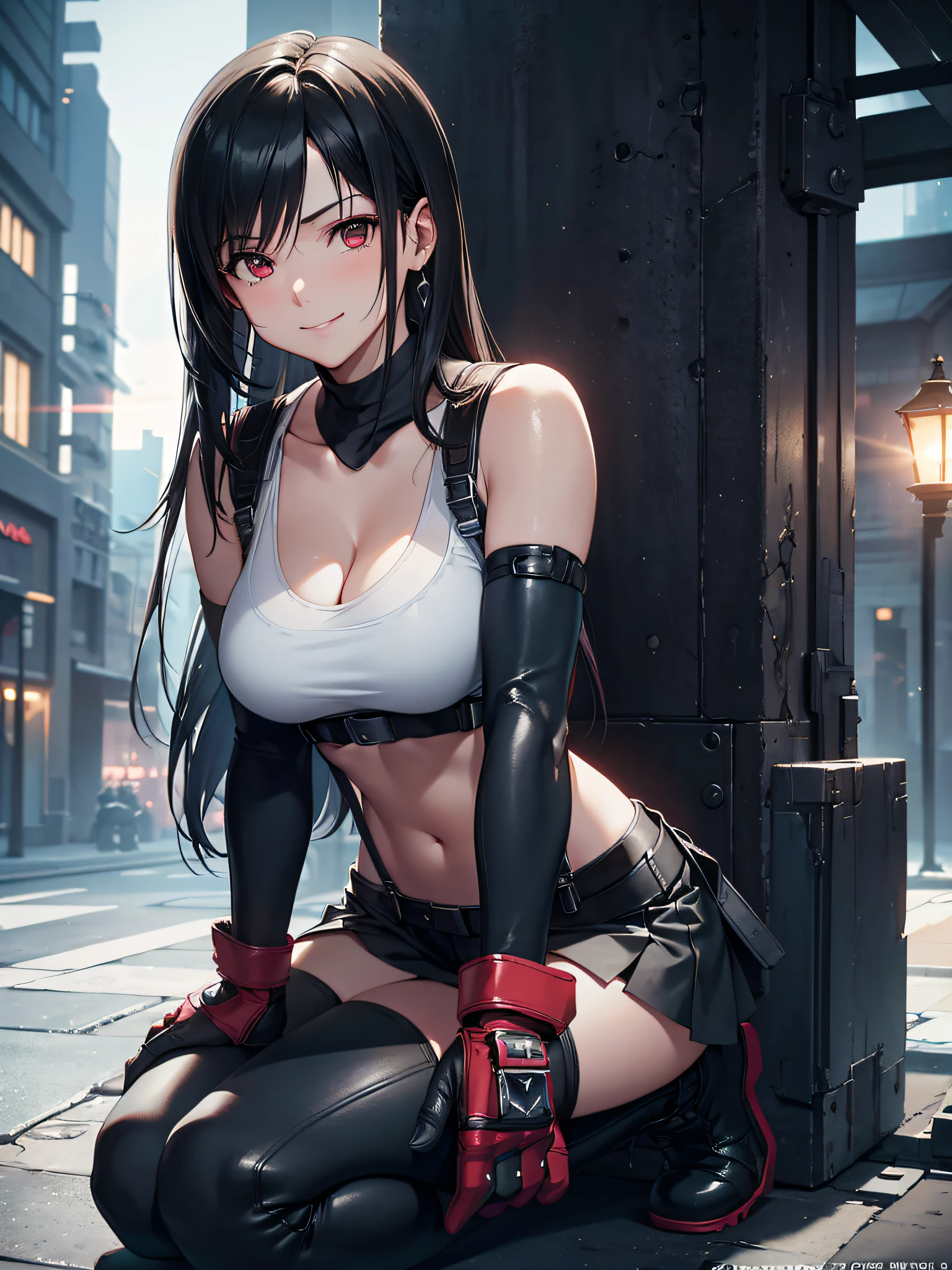 (8K, Best Quality, Masterpiece: 1.2), (Realistic, Photorealistic: 1.37), Super Detail, One Girl, Cute, Solo, (Tifa Lockhart), (Big Breasts), (Beautiful Eyes), (Smile: 1.2), (Closed), Model Pose, Neon, Cityscape, Depth of Field, Dark Strong Shadows, Sharp Focus, Motion Blur, Depth of Field, Composition, Green glowing light, Final Fantasy VII, Date, (nose brush), Single Elbow Pads, Ankle Boots, Black Hair, Red Boots, Elbow Gloves, Elbow Pads, Fingerless Gloves, Sports Bra, (Suspenders) Black Skirt, White Tank Top: 1.5, Full Body, Headrest, Beautiful Face, Low Tie Long Hair, (red_eyes), (Night: 1.3), complex, cinematic lighting, photon mapping, radiosity, physically based rendering, (Tetsuya Nomura style), perfect breast, cleavage: 1.2,