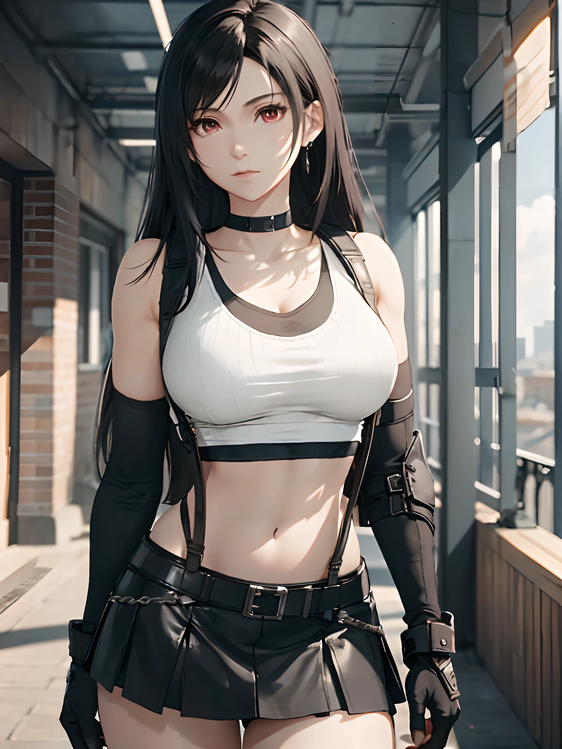 8k,masterpiece, bset quality,big, (1 girl), tifa lockhart, red_eyes, black hair, long hair, shiny skin: 1.2, shiny big, ((best quality)), crisp focus: 1.2, highly detailed face and skin texture, detailed eyes, perfect face, perfect body, art, cg, blur background, big with presence, 20yo, Mature cool and beautiful face, wearing (black skirt, black suspenders, black elbow gloves,white taut shirt,crop top,)