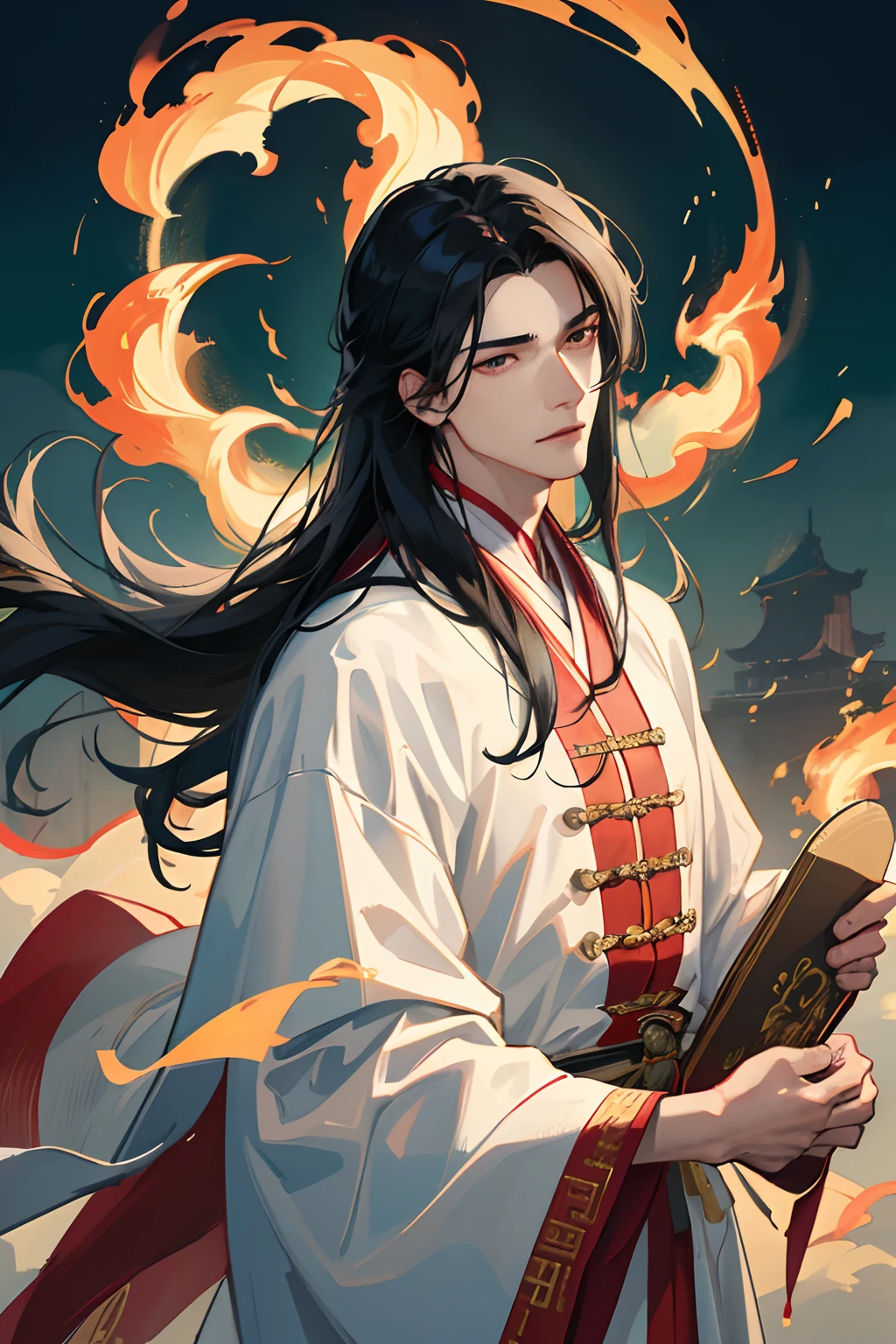 realistic skin textures,highly detailed,8k wallpaper,filmposter,动态照明,电影灯光,Man with long black hair,Handsome and handsome,Long hair flying,Chinese-style white robe,Embroidery pattern,dynamic viewing angle,The clouds are thick,Chinese Ancient Architecture,