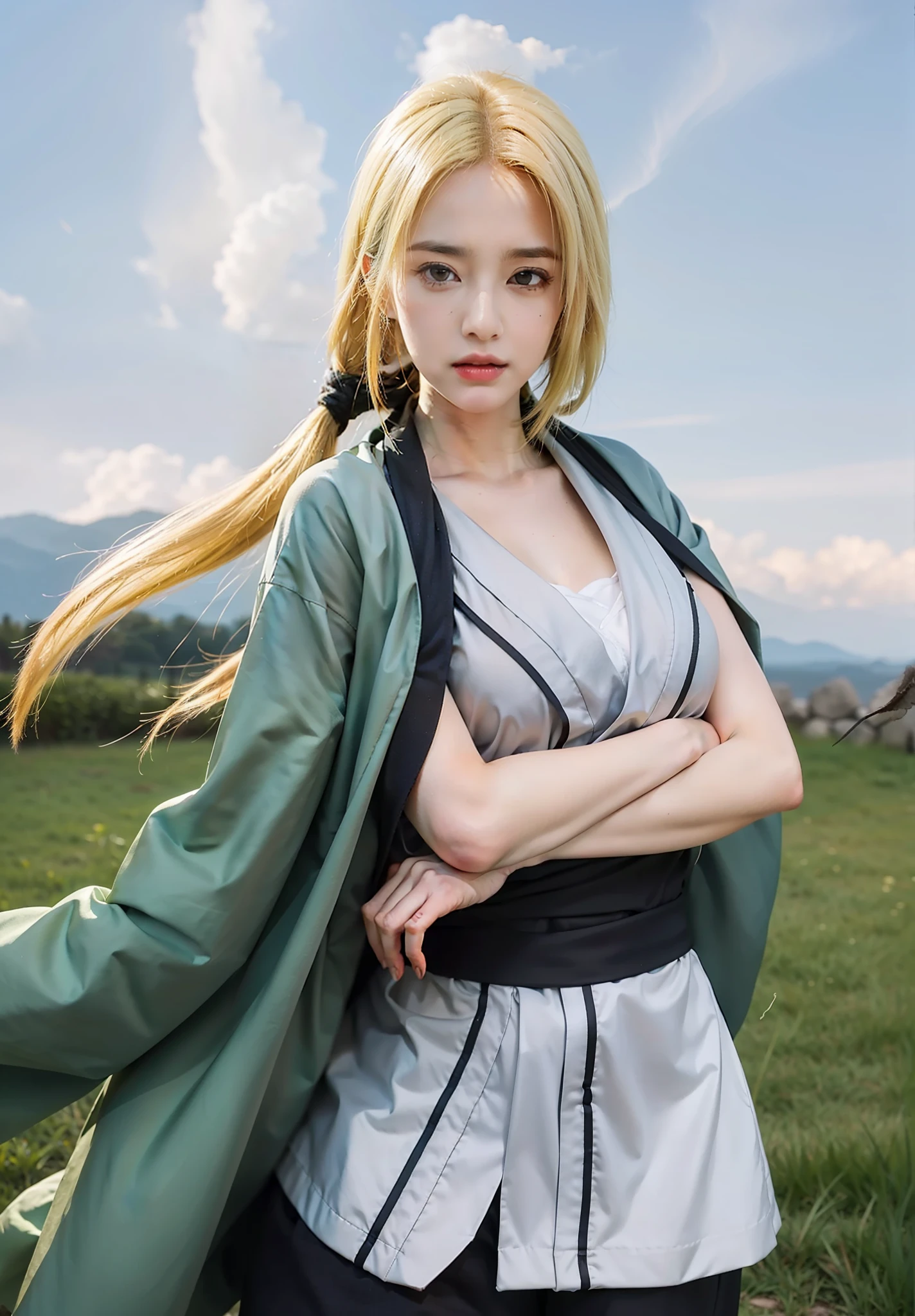 real Life adaption of this character,her name is Tsunade senju from anime naruto ,hyper realistic ,very realistic detailed yellow hair, high resolution, photorealistic,very detailed,very realistic outfit, Japanese face,detailed shining eyes, calm expression,realism, realistic photography, very realistic,realystic light,realistic shadow