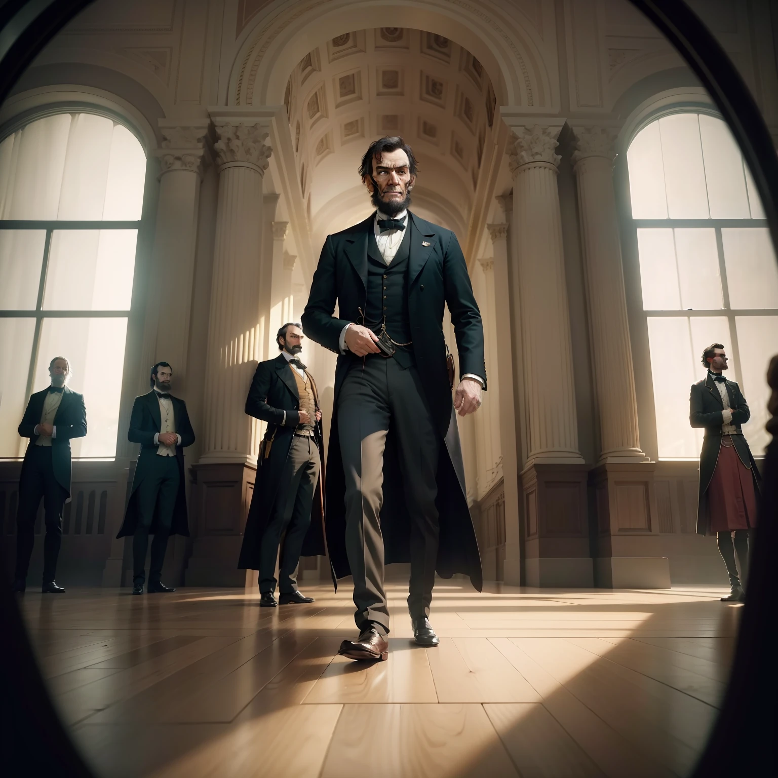 Wide angle shot of united state parliament, a scene at 1860s, american senators, (8k, RAW photo, best quality, masterpiece:1.2), ultra detailed, official art, photo-realistic:1.37, upper body shot, Abraham Lincoln is talking against slavery, film grain, action pose at senate, extreme wide angle