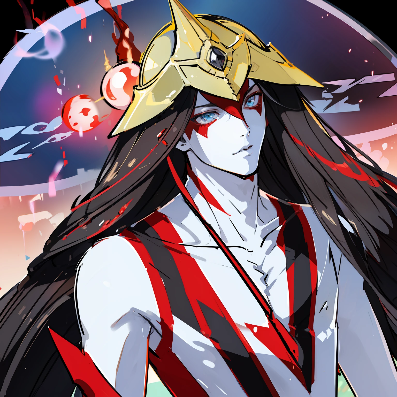 ((Burstinatrix as a man )),helmet, ((Red bodysuit)), gloves, thighhighs
face paint, Long Black hair , Anime illustration, ((solo 1boy)), FireVFX
