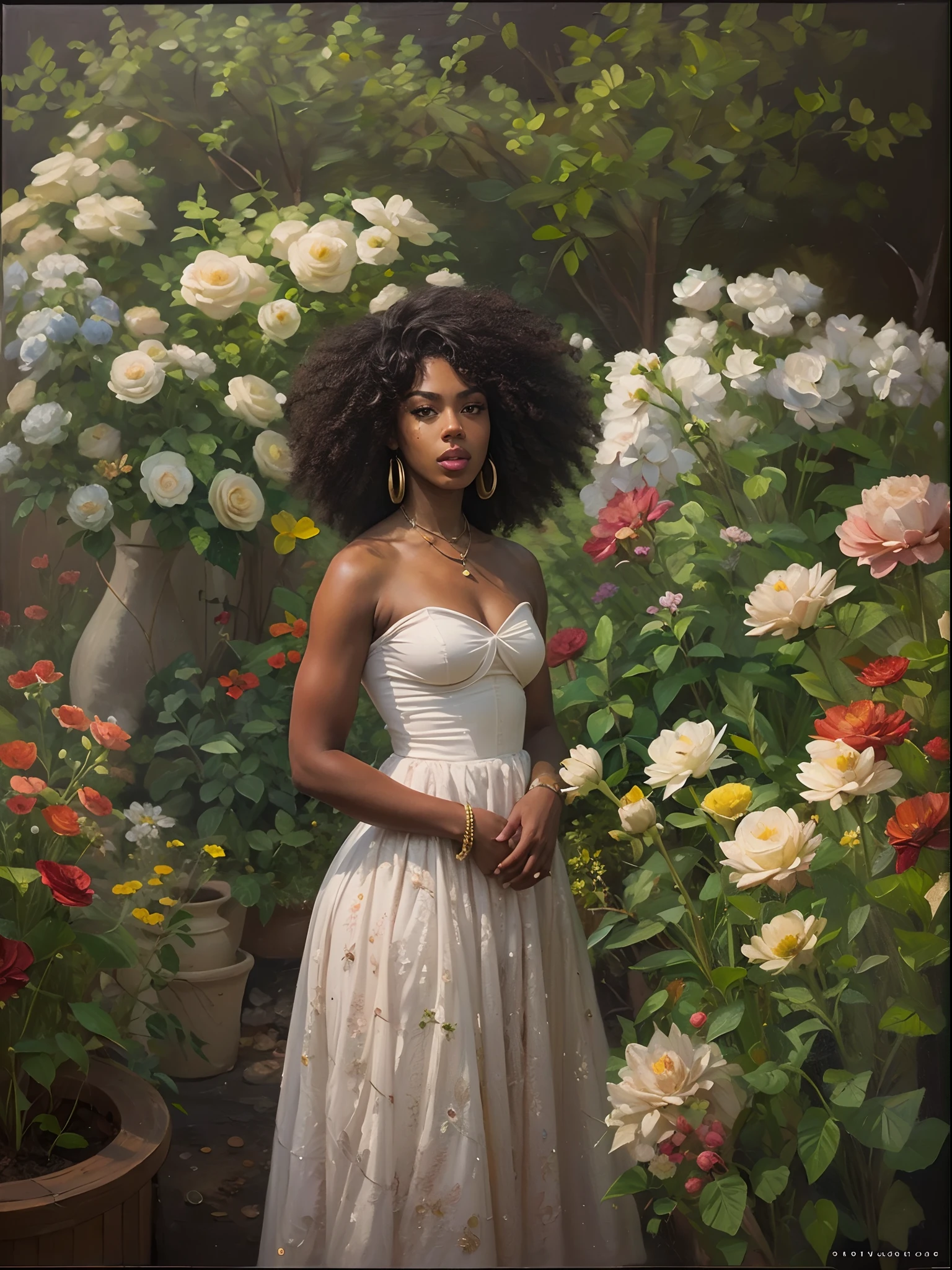 (Oil Painting:1.5) photo of a beautiful black woman, wearing dress, standing, upper body framing, in a flower garden, with diffused lighting, from a eye level, in the style of Sophie Gengembre Anderson