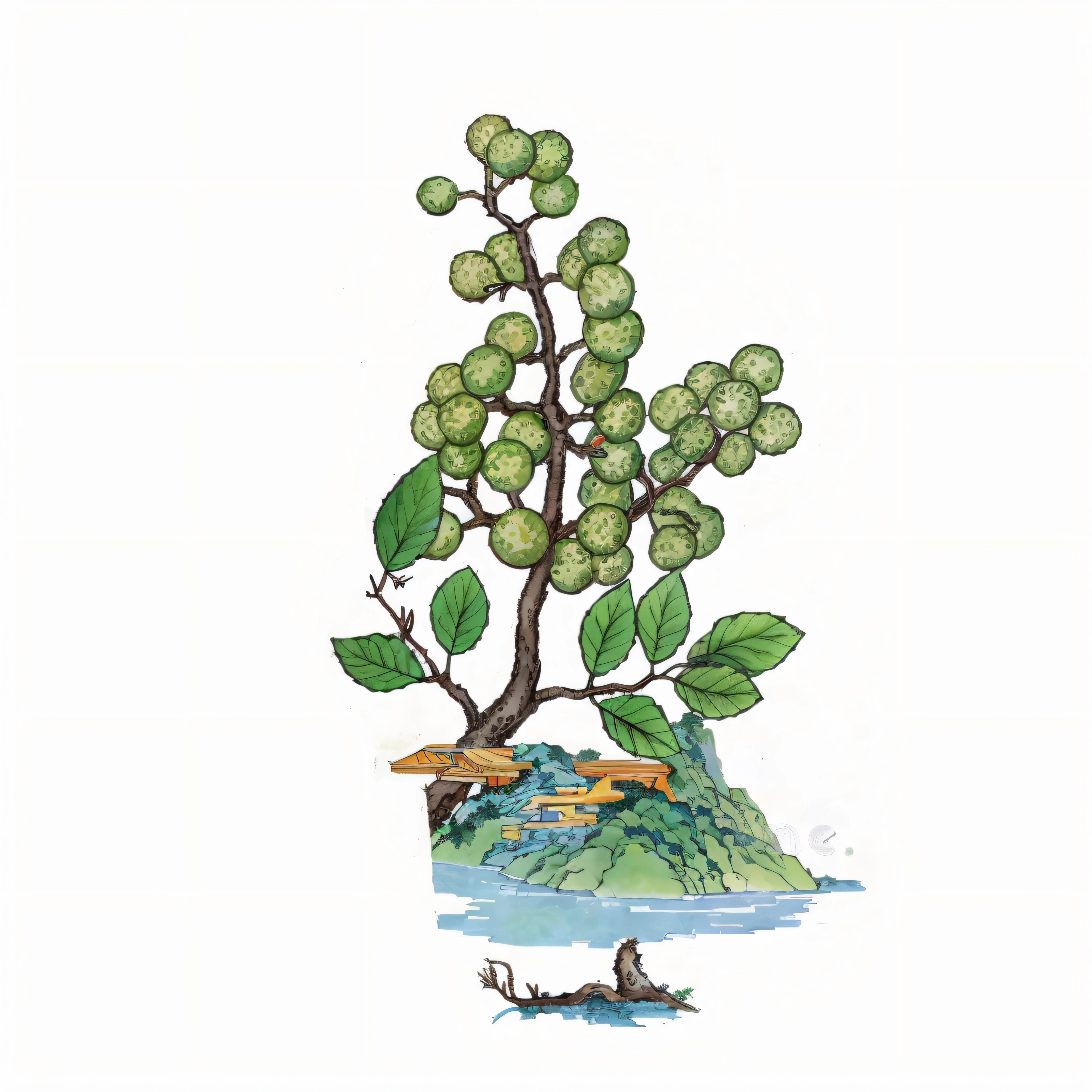 There is a drawing of a green peppercorn tree,There are green leaves on it, full-colour illustration, Noto Fagus, colorful illustrations, inspired by Masamitsu Ōta, tree and plants, vignette illustration, the tree is on top of a calm sea, game asset of plant and tree, spirited water plants, full page illustration, plant
