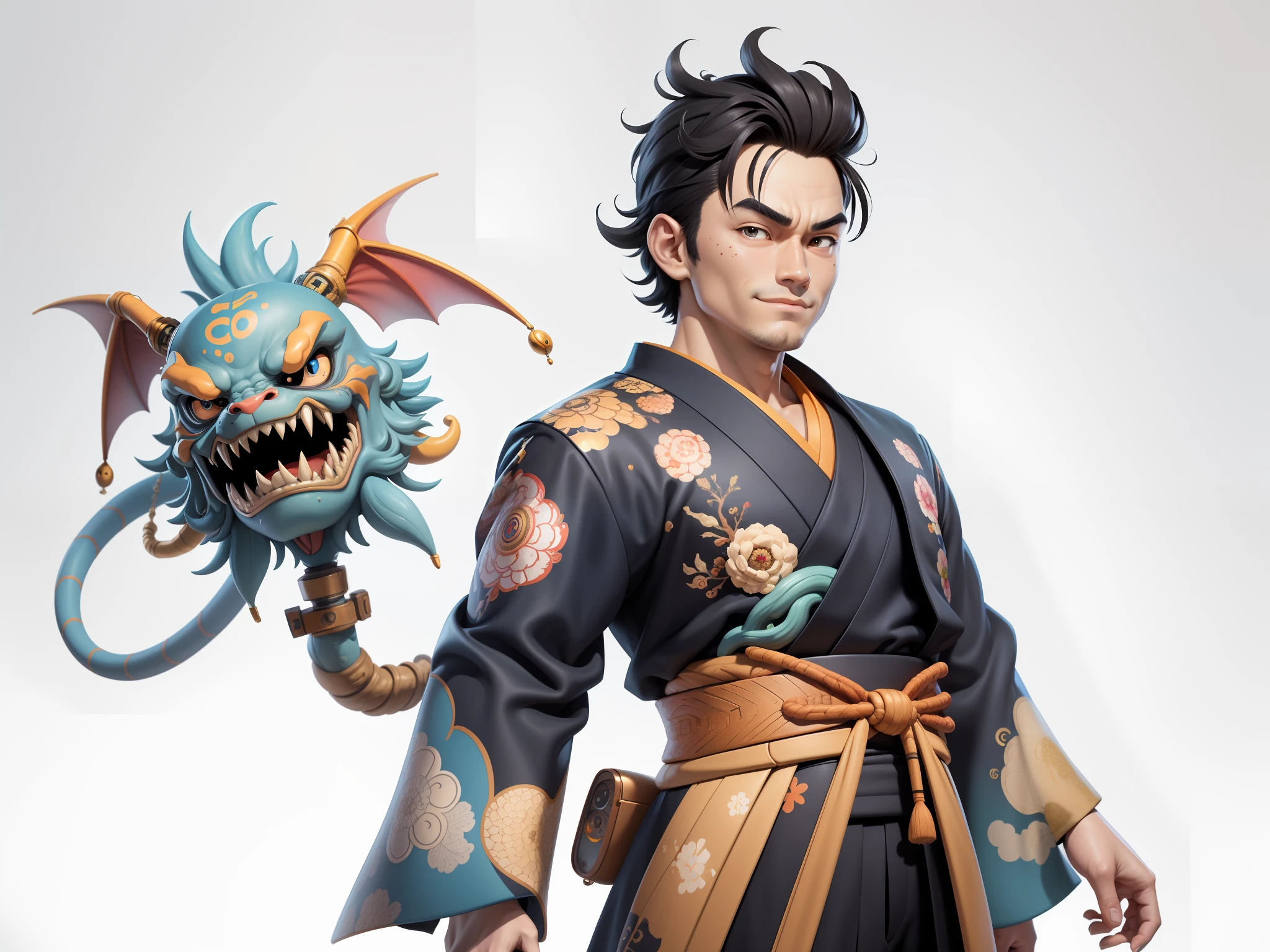 (Masterpiece), (Excellent), (Super Meticulous), (Full Body: 1.2), Super Young Man, Oriental Face, Japanese Kimono, Japanese Wind Thunder God, Dragon, Tiger, TV Anchor, Bust Portrait Illustration, Alone, Black Suit, Blue Tie, Slightly Chubby Face, Very Clean Face, No Beard, Black Super Short Hair, Black Eyes, Confident Smile, 3c Computer Sub-Products, iPad, iPhone, Digital Painting, 3D Character Design by Akira Toriyama and Mark Claireden and Pixar and Hayao Miyazaki, The illustration is a high-definition illustration in 4K resolution with very detailed facial features and cartoon-style visuals.