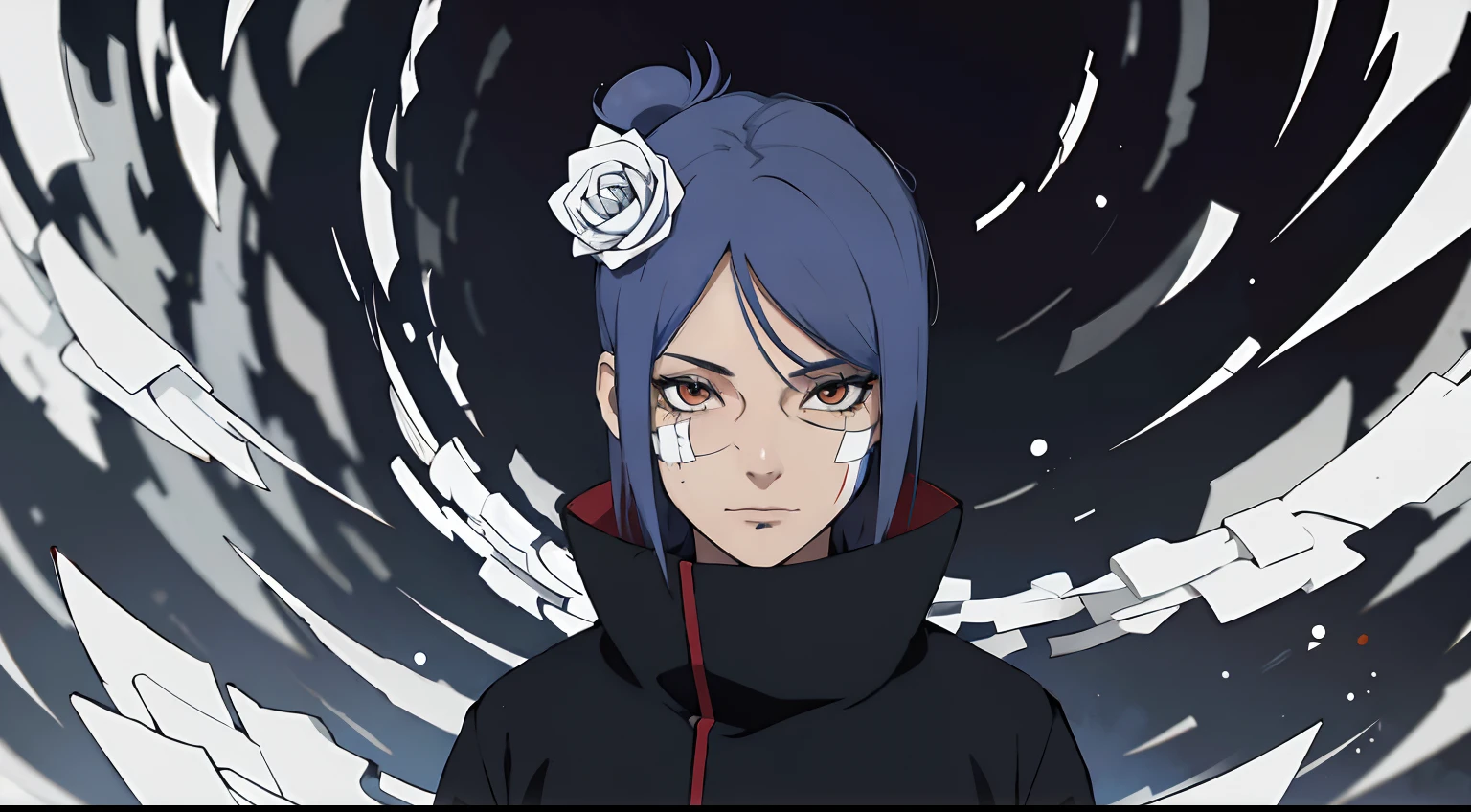 Absurdo, (melhor qualidade), (obra-prima), (ultra-detalhado: 1.2), (fotorrealista: 1.1), (Alto), 1Menina,(injury:1.1),(sangue:1.1), Konan \(Naruto\), (biquini akatsuki:1.1), Piercing labret, (Papel:1.2), ripples, rodopiando, rainbowart,